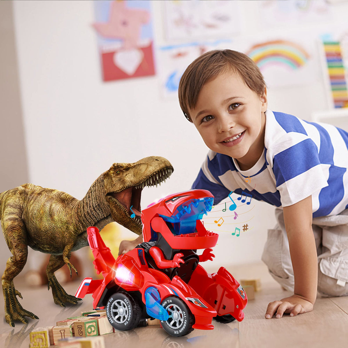 Hirger Transforming Dinosaur Car Toy – 2-in-1 Auto Transformer with LED Lights & Sound