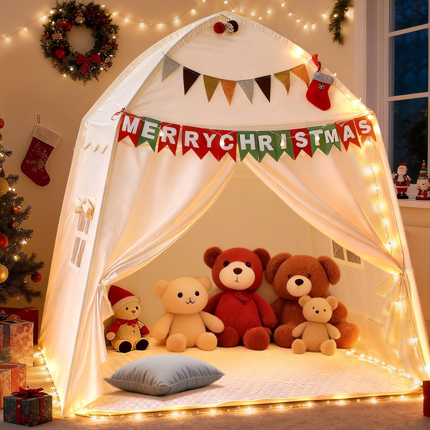 Hiromeco Large Kids Play Tent with Padded Mat & Lights – 59x39x59 in Teepee for Cozy Reading Nook