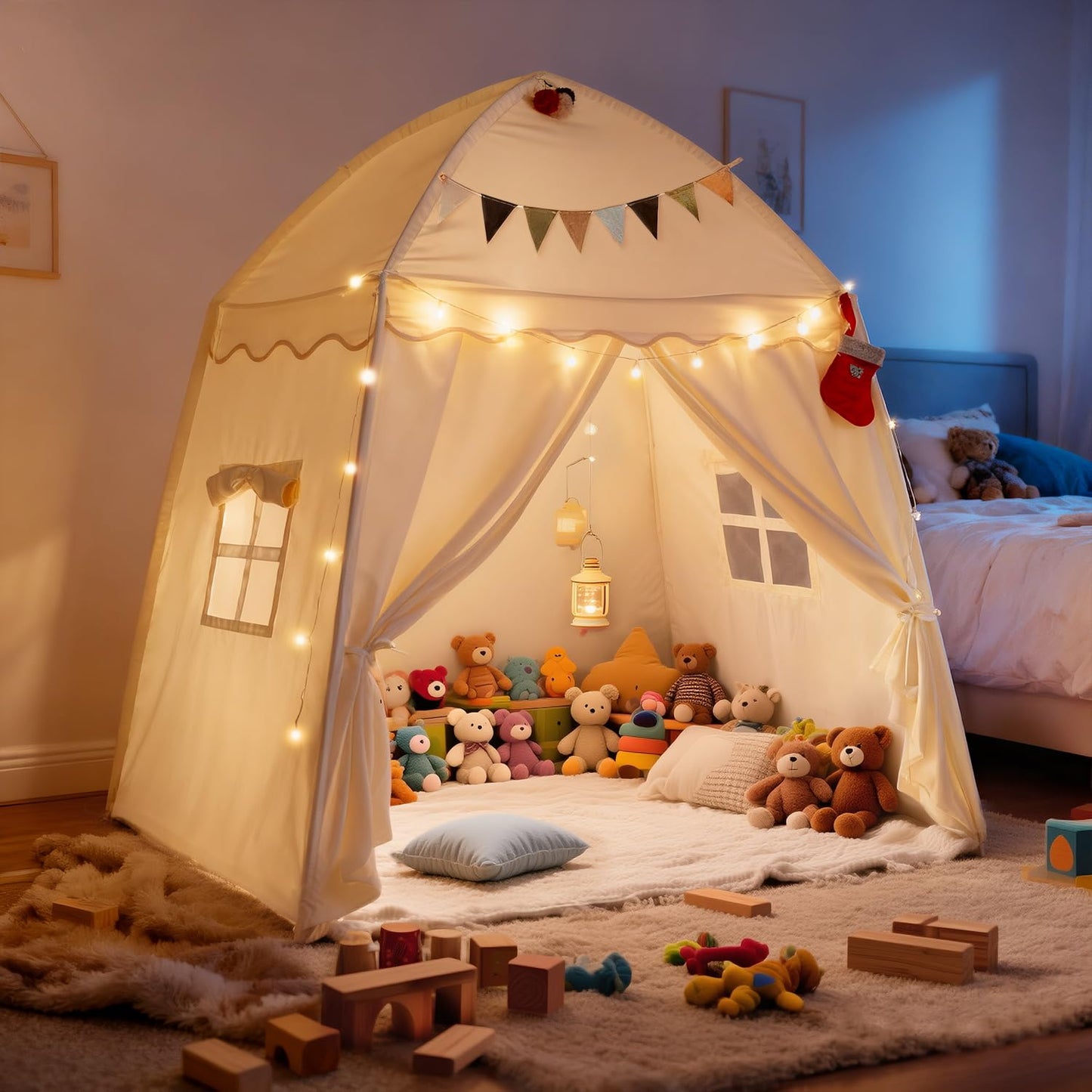Hiromeco Large Kids Play Tent with Padded Mat & Lights – 59x39x59 in Teepee for Cozy Reading Nook