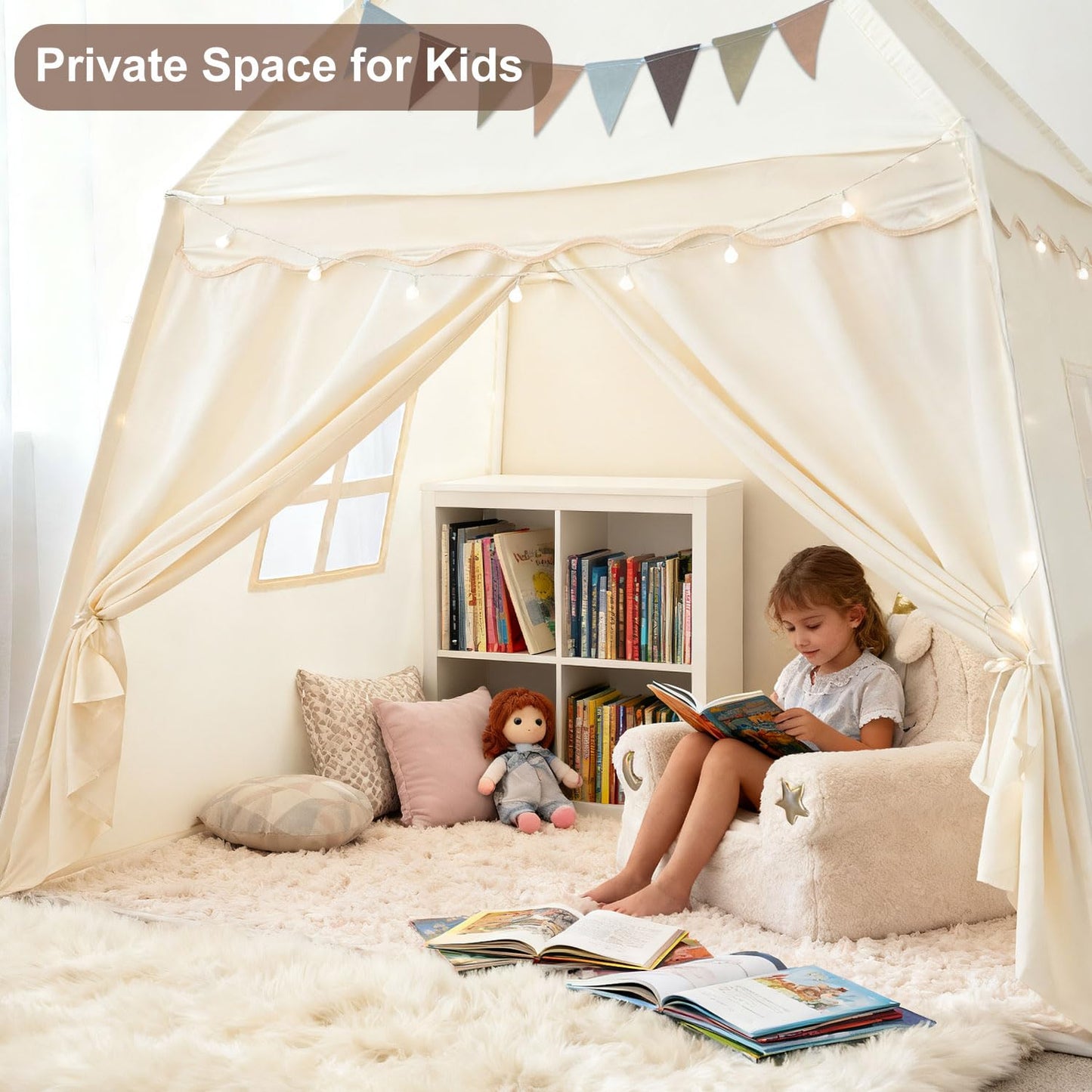 Hiromeco Large Kids Play Tent with Padded Mat & Lights – 59x39x59 in Teepee for Cozy Reading Nook