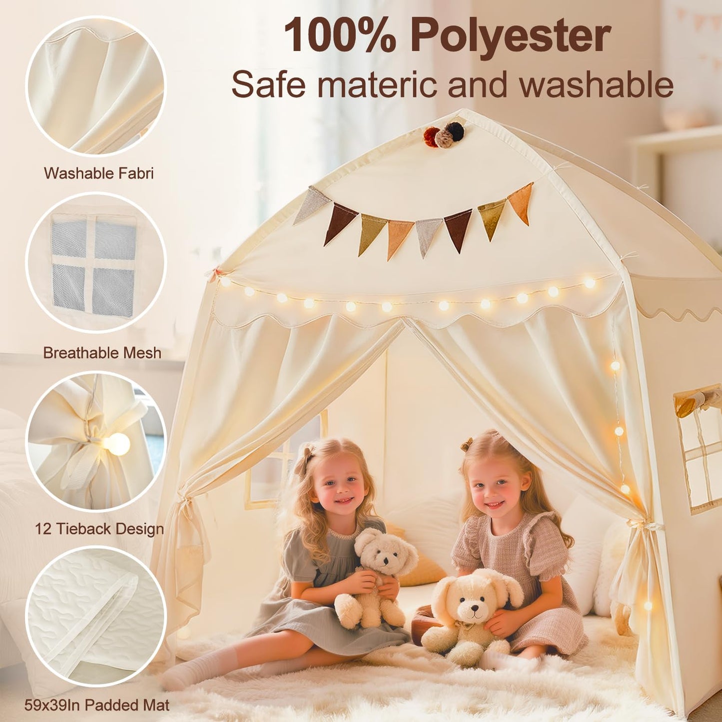 Hiromeco Large Kids Play Tent with Padded Mat & Lights – 59x39x59 in Teepee for Cozy Reading Nook