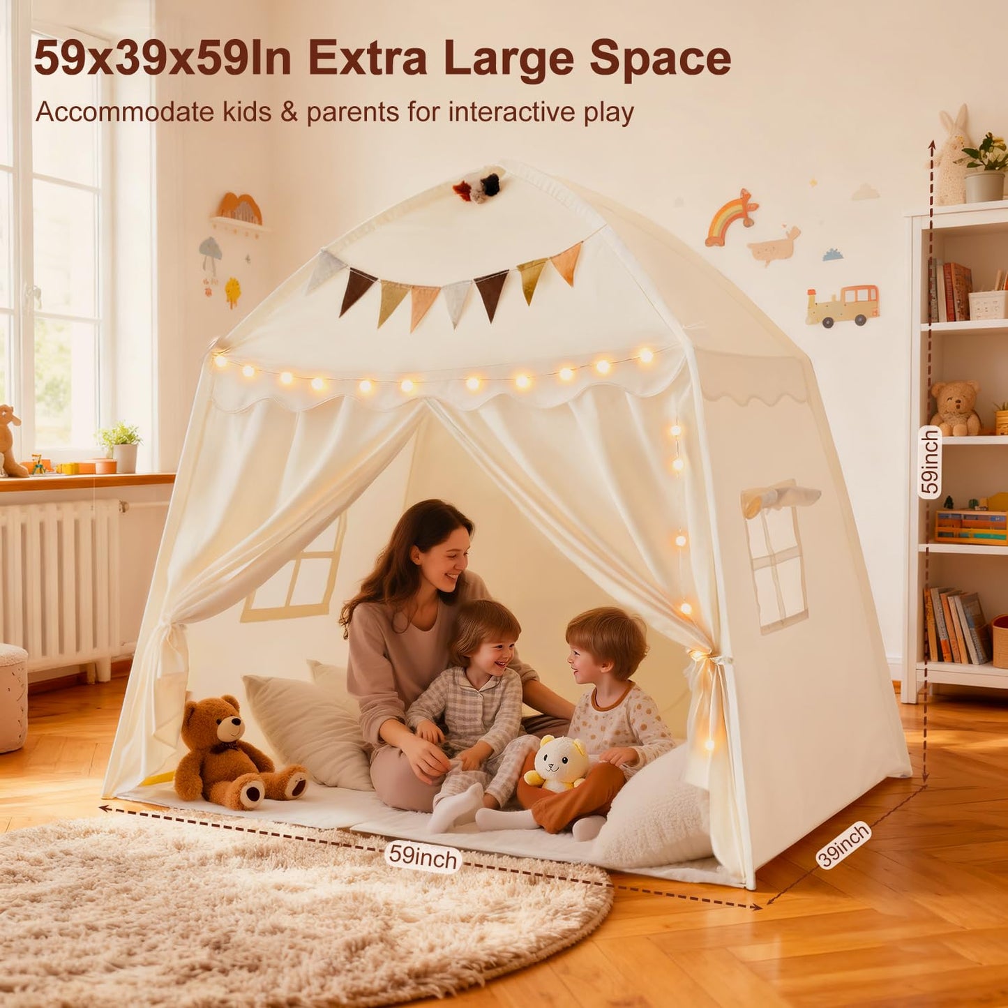 Hiromeco Large Kids Play Tent with Padded Mat & Lights – 59x39x59 in Teepee for Cozy Reading Nook