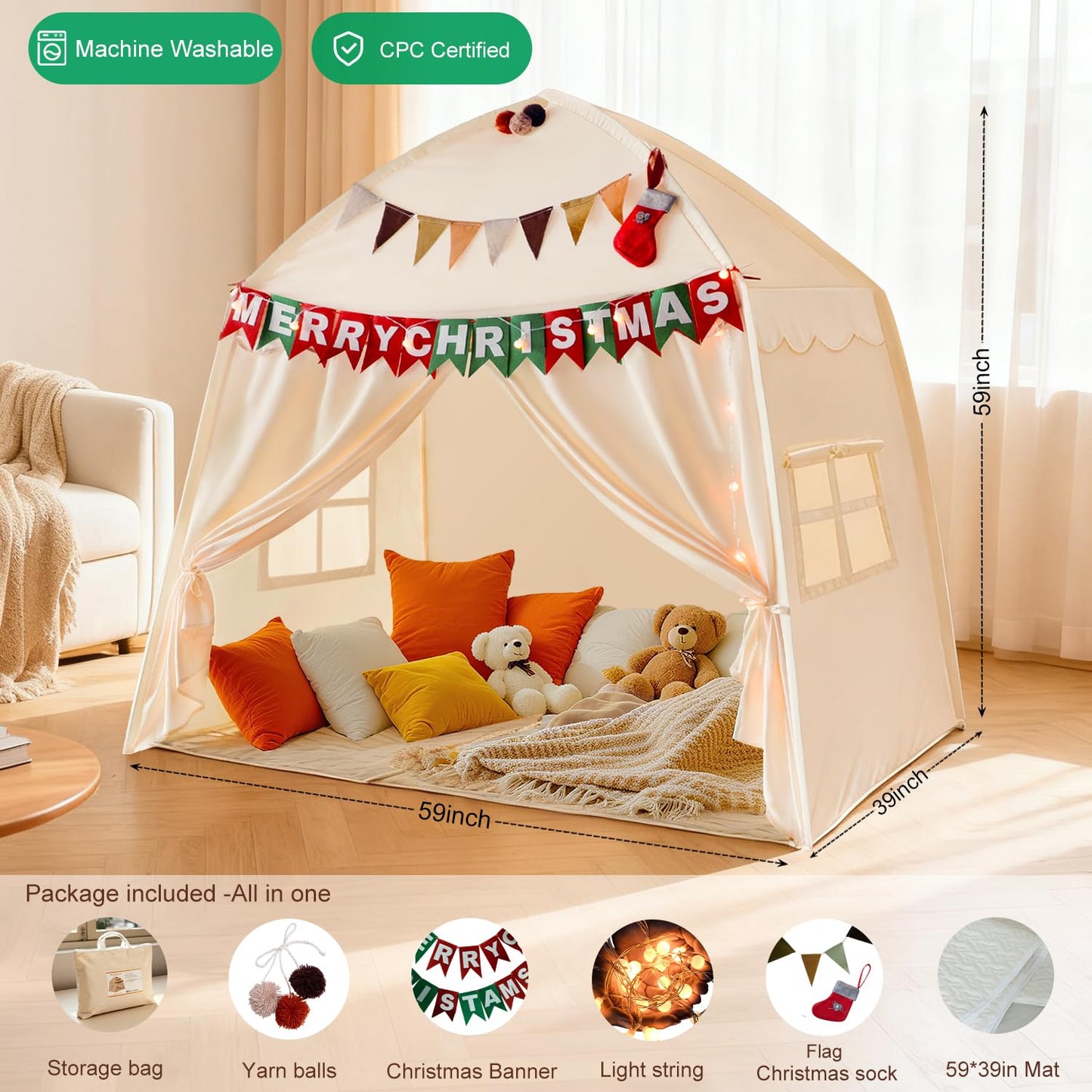 Hiromeco Large Kids Play Tent with Padded Mat & Lights – 59x39x59 in Teepee for Cozy Reading Nook