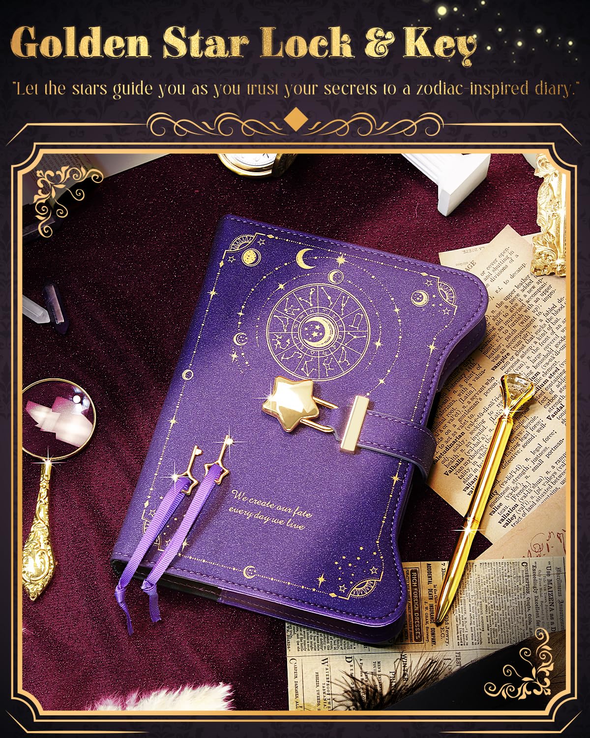 hi!SCI Diary with Lock and Keys – Locking Journal for Women & Girls, Gift Box, 360 Kraft Pages, Deep Royal Purple
