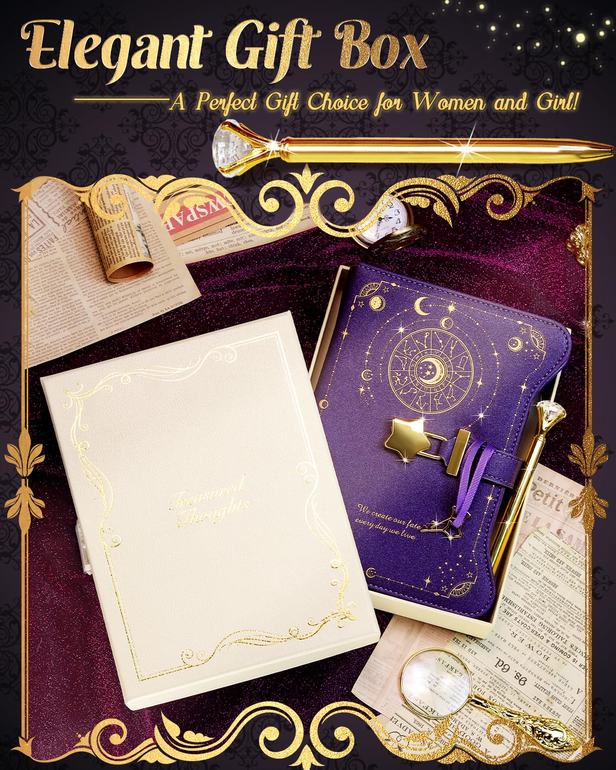 hi!SCI Diary with Lock and Keys – Locking Journal for Women & Girls, Gift Box, 360 Kraft Pages, Deep Royal Purple