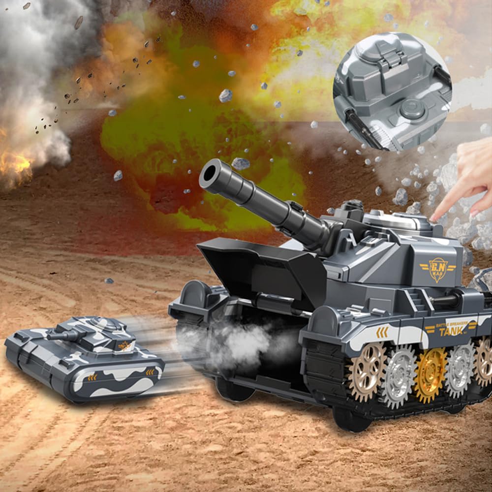 Hitatol ABS Military Tank Toy with 360° Turret, Projectile Launcher & Pop-Out Mini Tank (Grey)