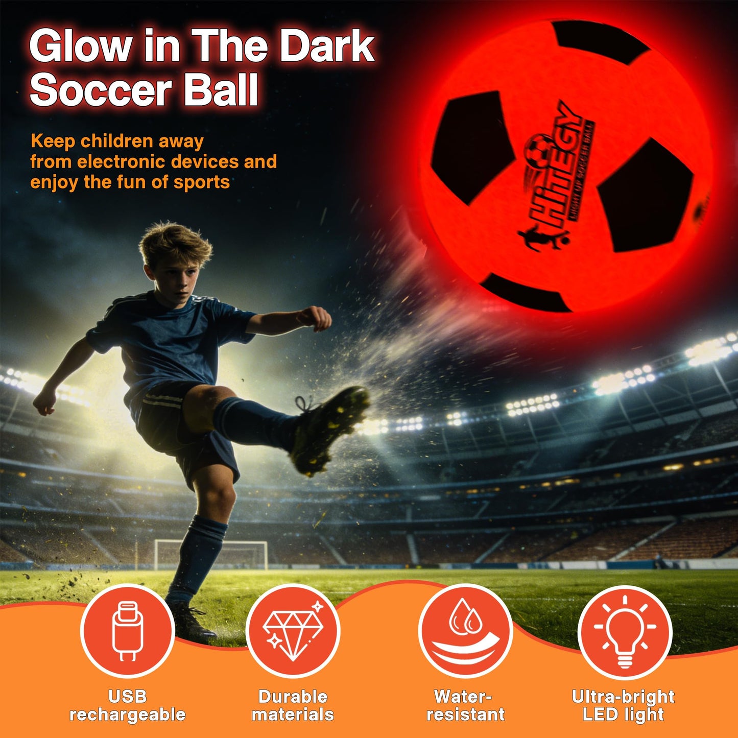 HITEGY Glow in The Dark Soccer Ball - Official Size 5, Water-Resistant, Light Up with Every Kick, Includes Pump