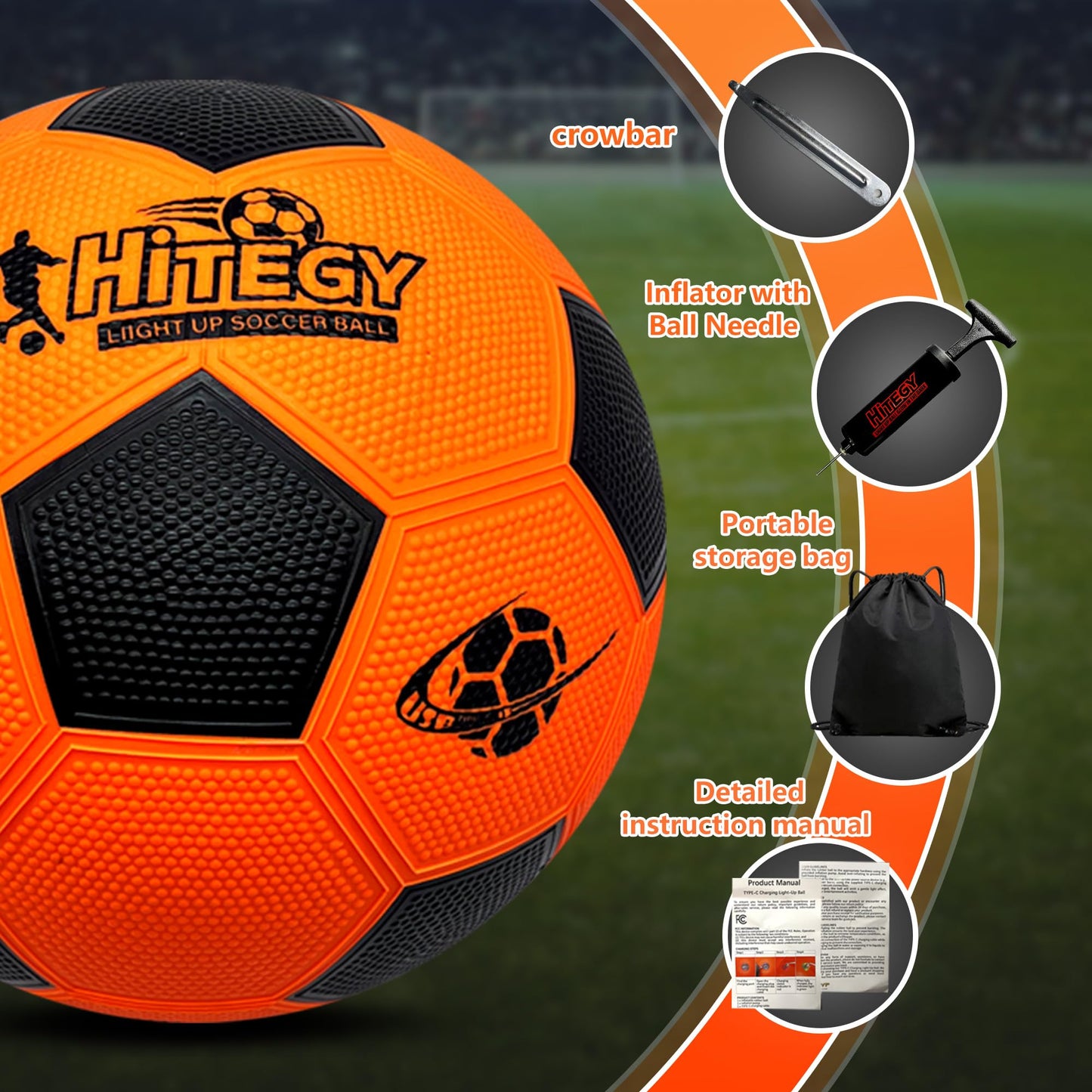 HITEGY Glow in The Dark Soccer Ball - Official Size 5, Water-Resistant, Light Up with Every Kick, Includes Pump