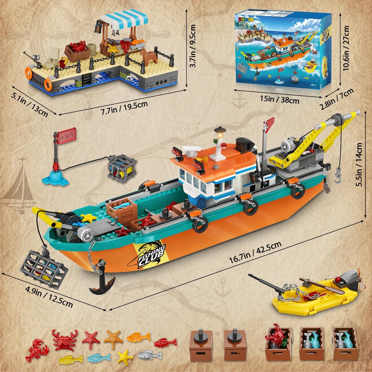 HiWEEGO City Fishing Boat Wharf Set – 762-Piece Floatable Sea Ship Building Kit