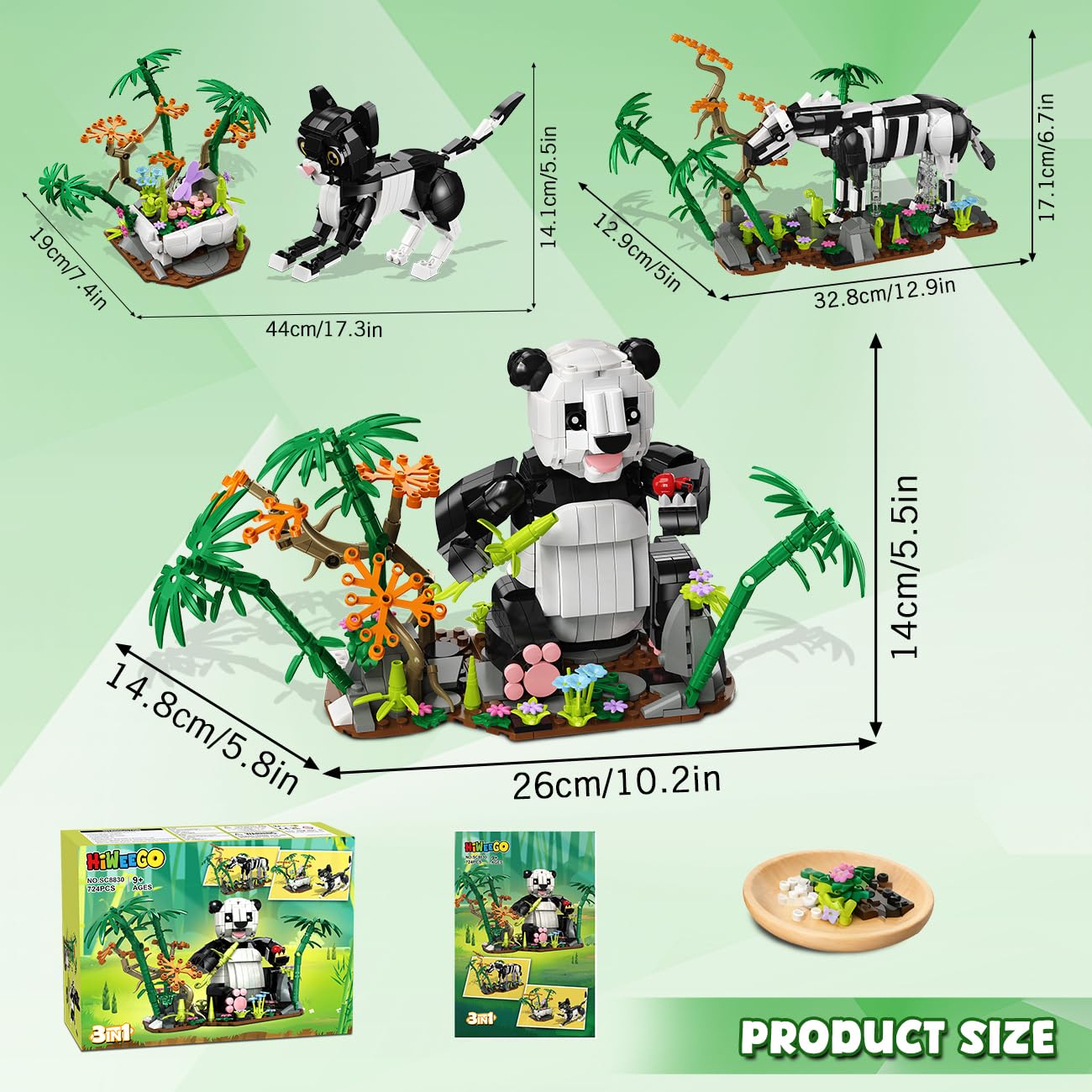 HiWEEGO 3-in-1 Wild Animals Panda Building Set – 724 PCS, Panda, Cat & Zebra | Kids 9–12+
