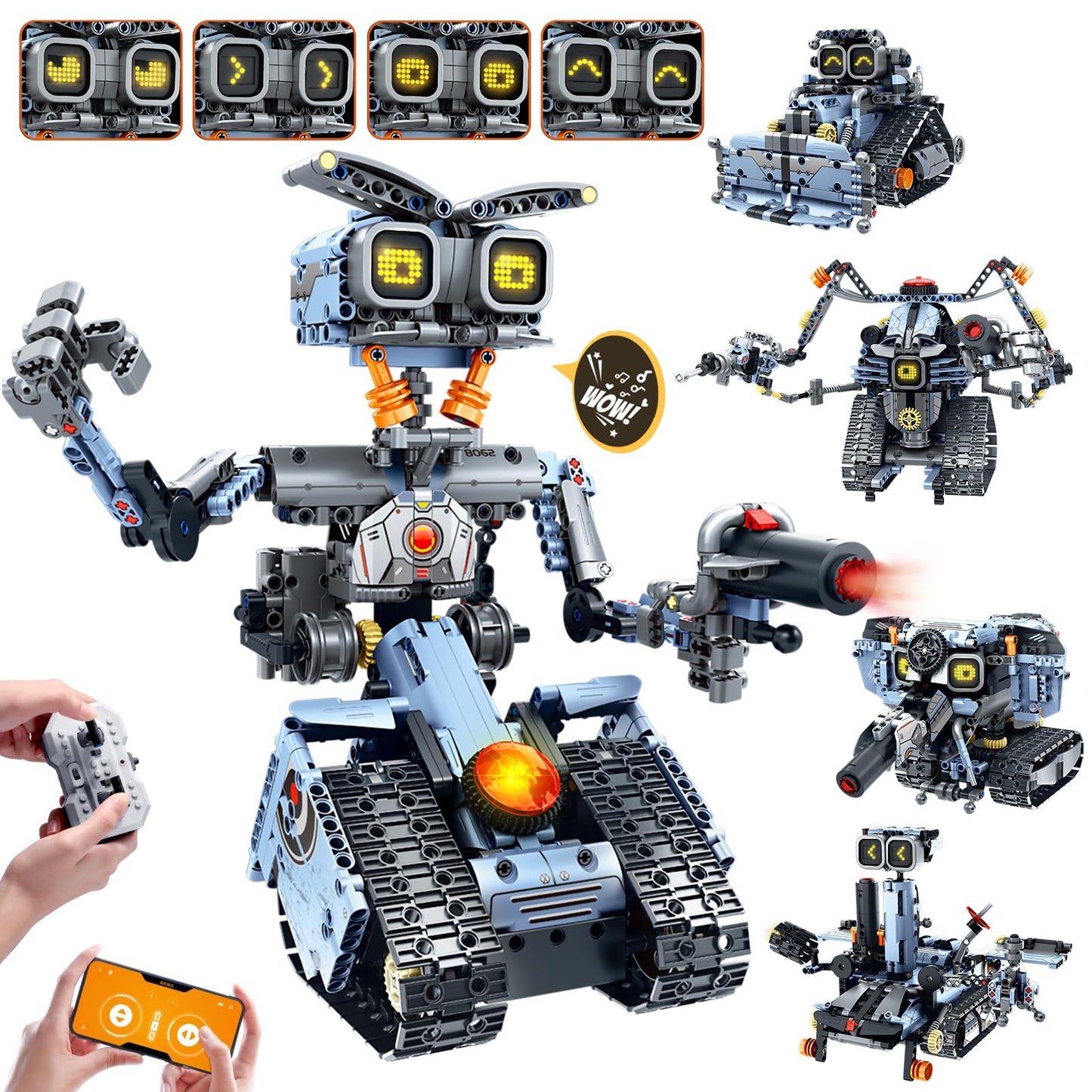 HiWEEGO Changeable LED Eyes Robot Building Set — 5-in-1 Remote & App-Controlled Toy for Kids 12+