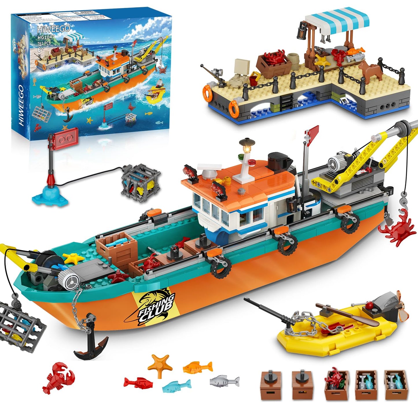 HiWEEGO City Fishing Boat Wharf Set – 762-Piece Floatable Sea Ship Building Kit