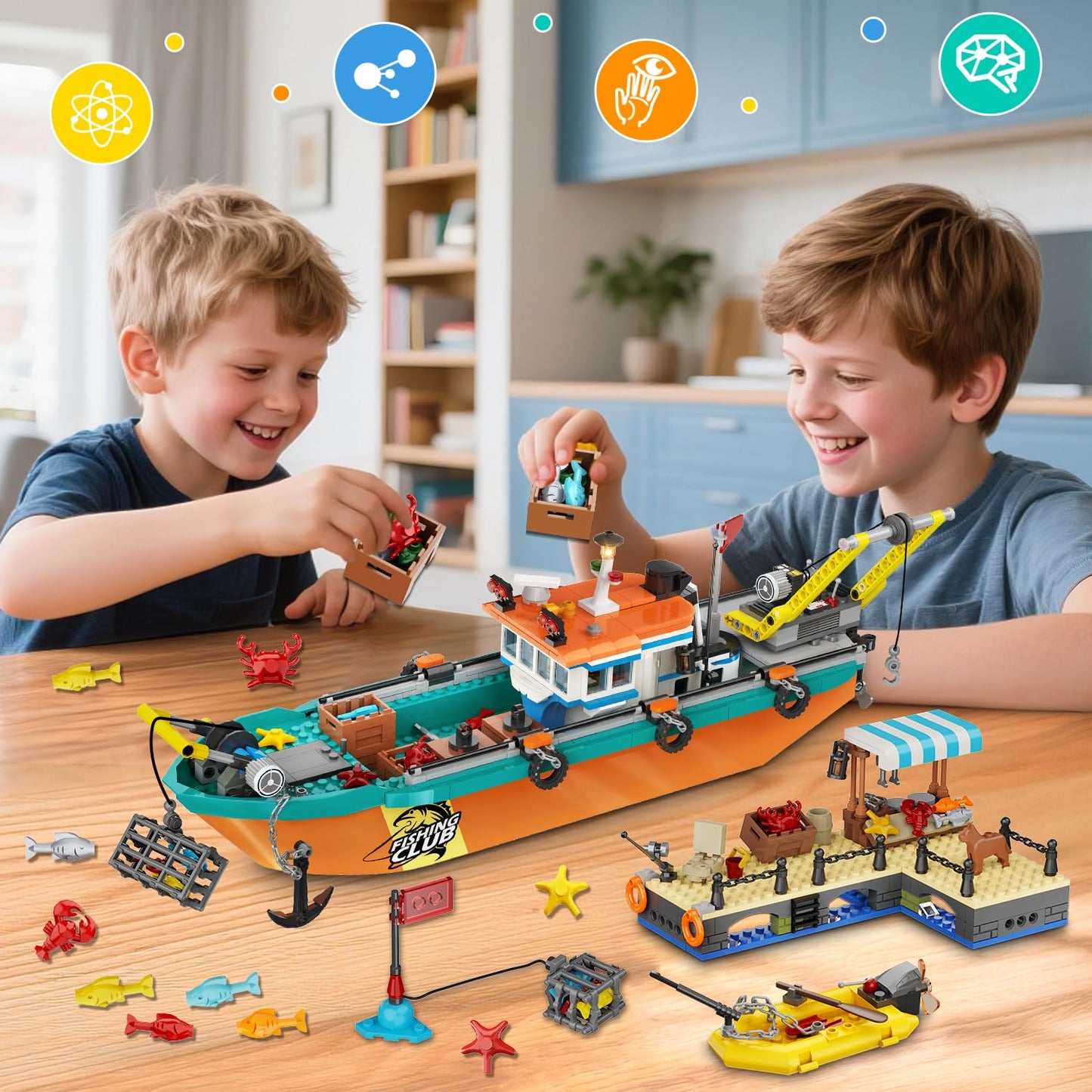 HiWEEGO City Fishing Boat Wharf Set – 762-Piece Floatable Sea Ship Building Kit