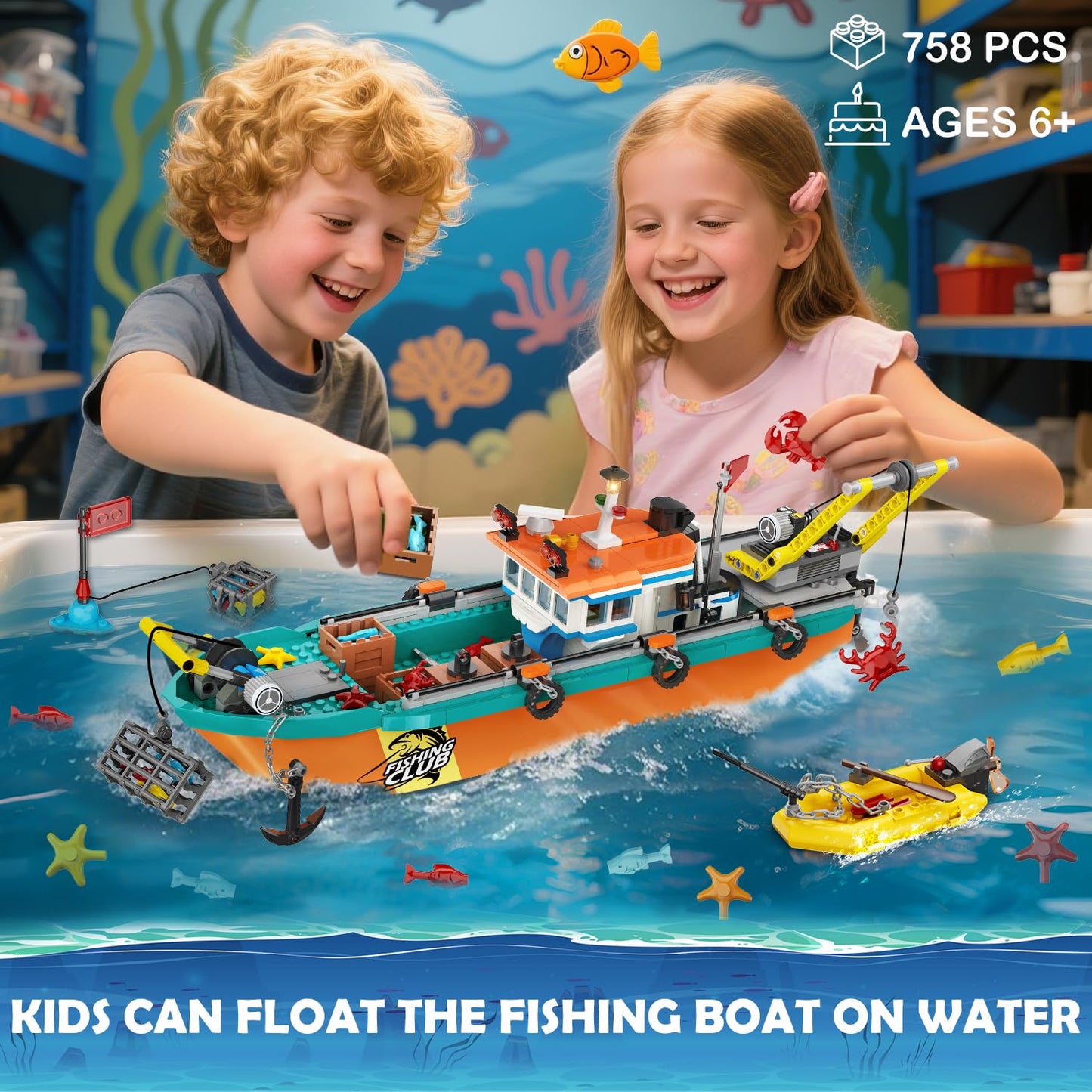 HiWEEGO City Fishing Boat Wharf Set – 762-Piece Floatable Sea Ship Building Kit