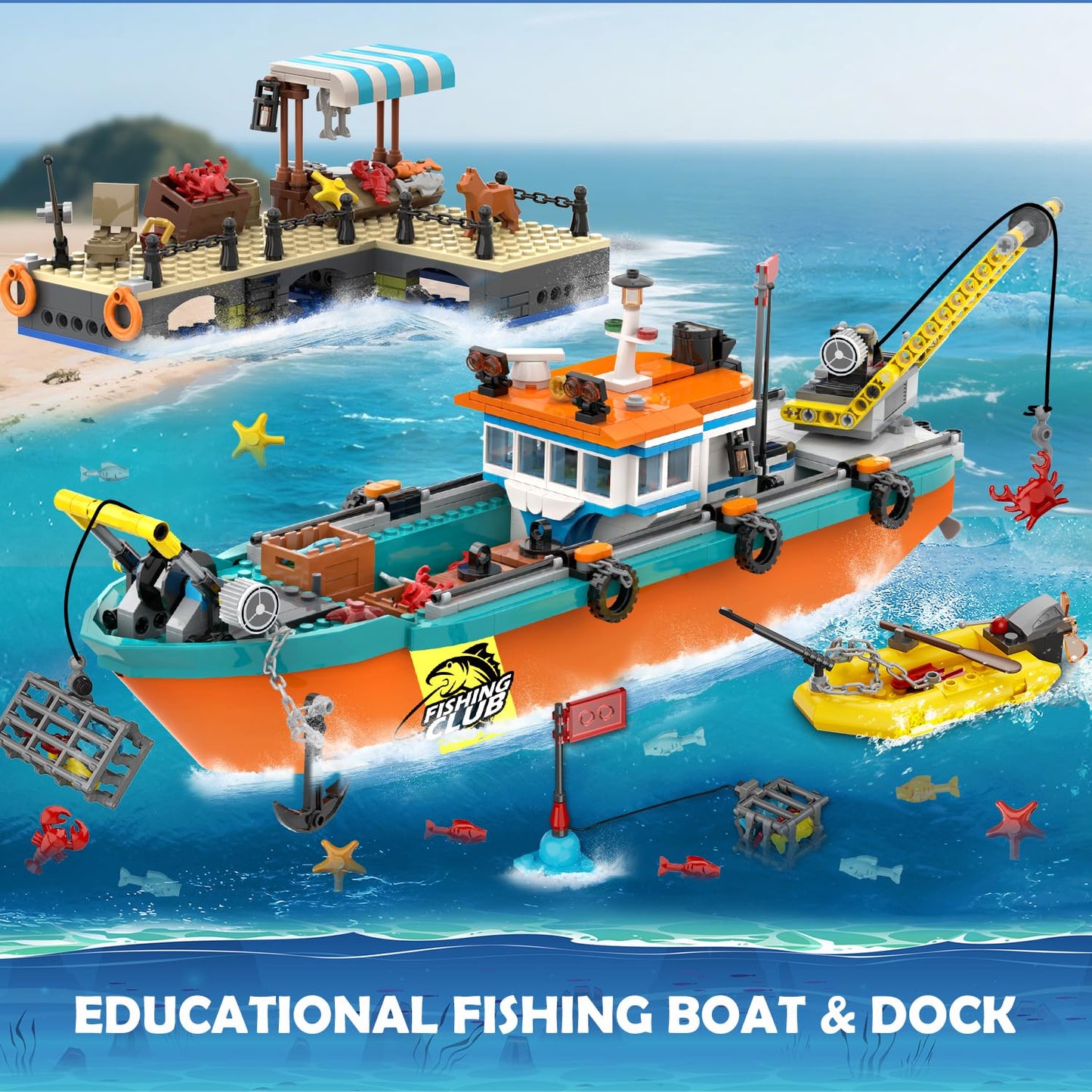 HiWEEGO City Fishing Boat Wharf Set – 762-Piece Floatable Sea Ship Building Kit