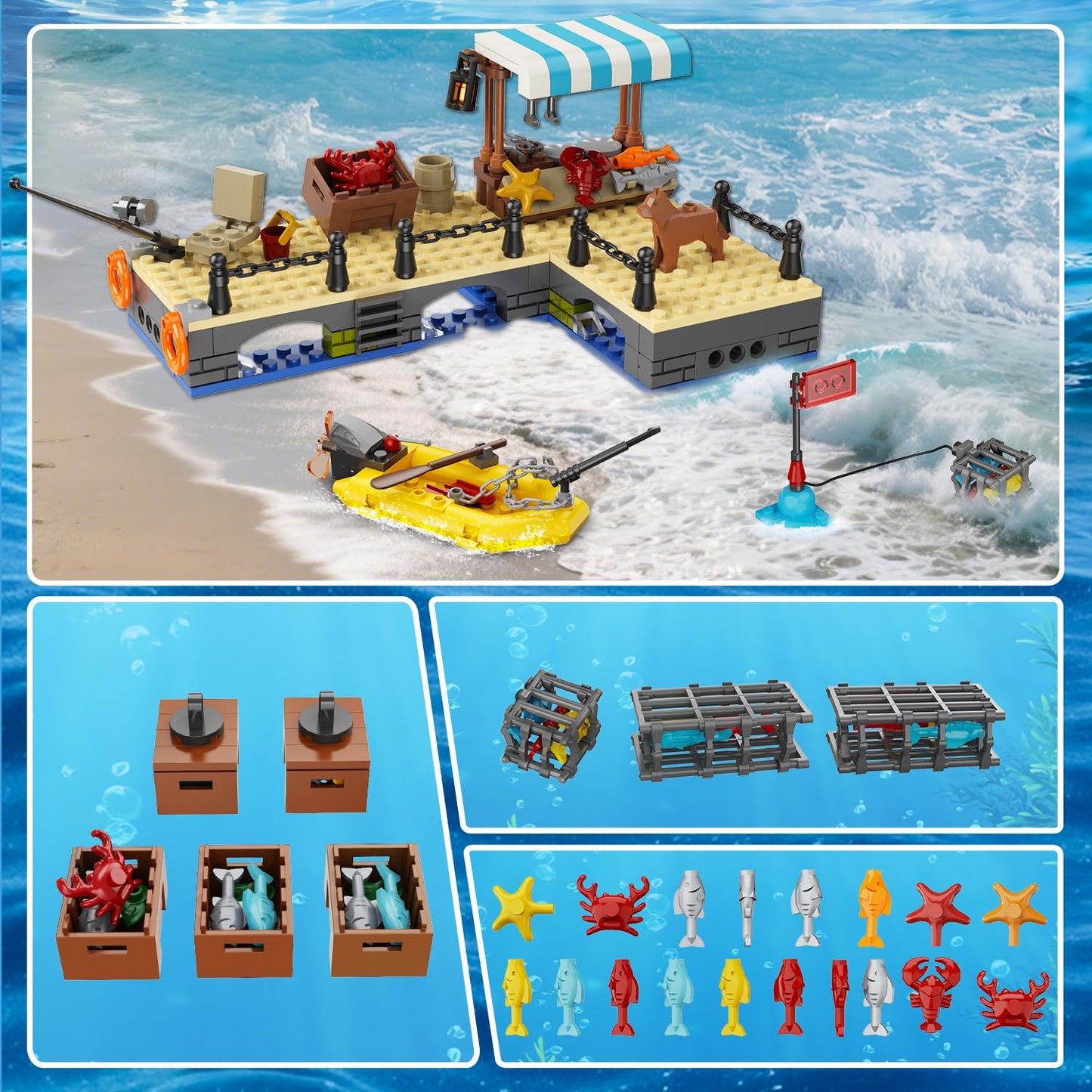 HiWEEGO City Fishing Boat Wharf Set – 762-Piece Floatable Sea Ship Building Kit