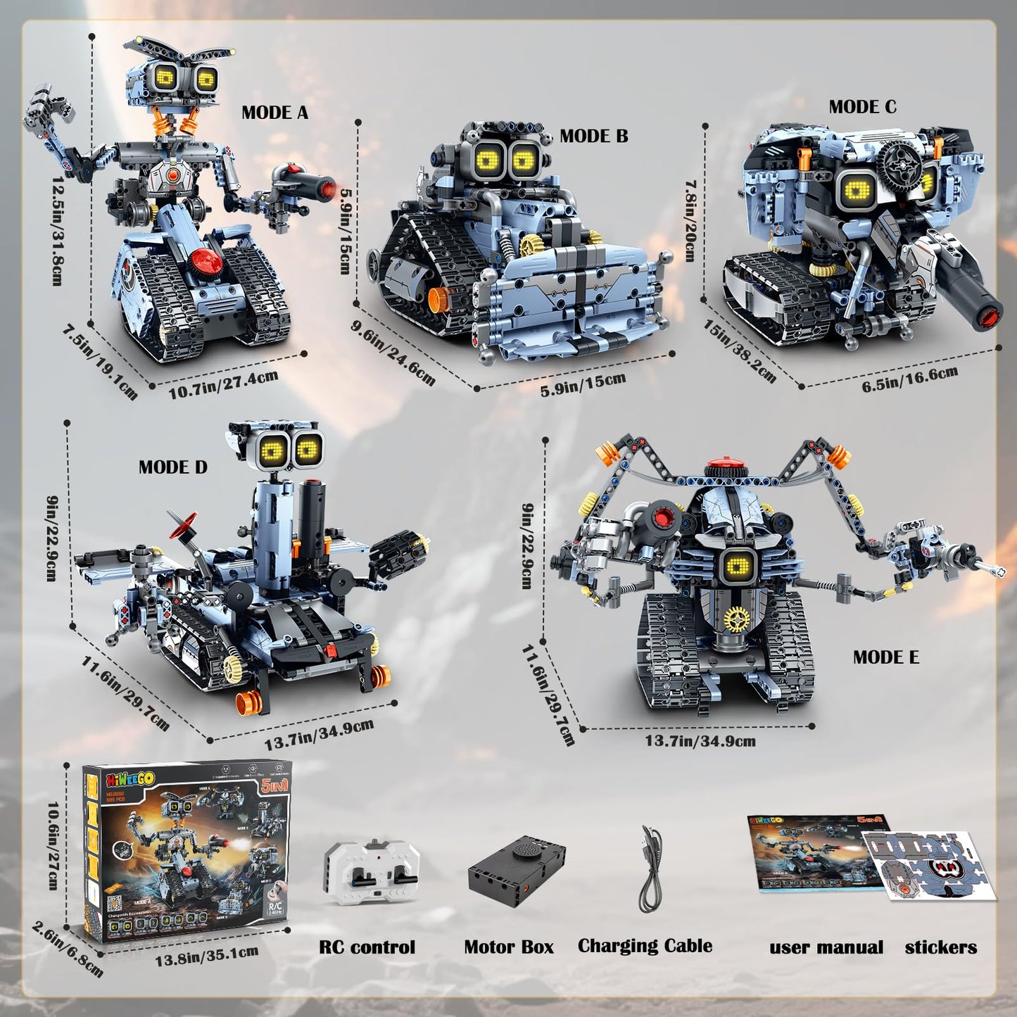 HiWEEGO Changeable LED Eyes Robot Building Set — 5-in-1 Remote & App-Controlled Toy for Kids 12+