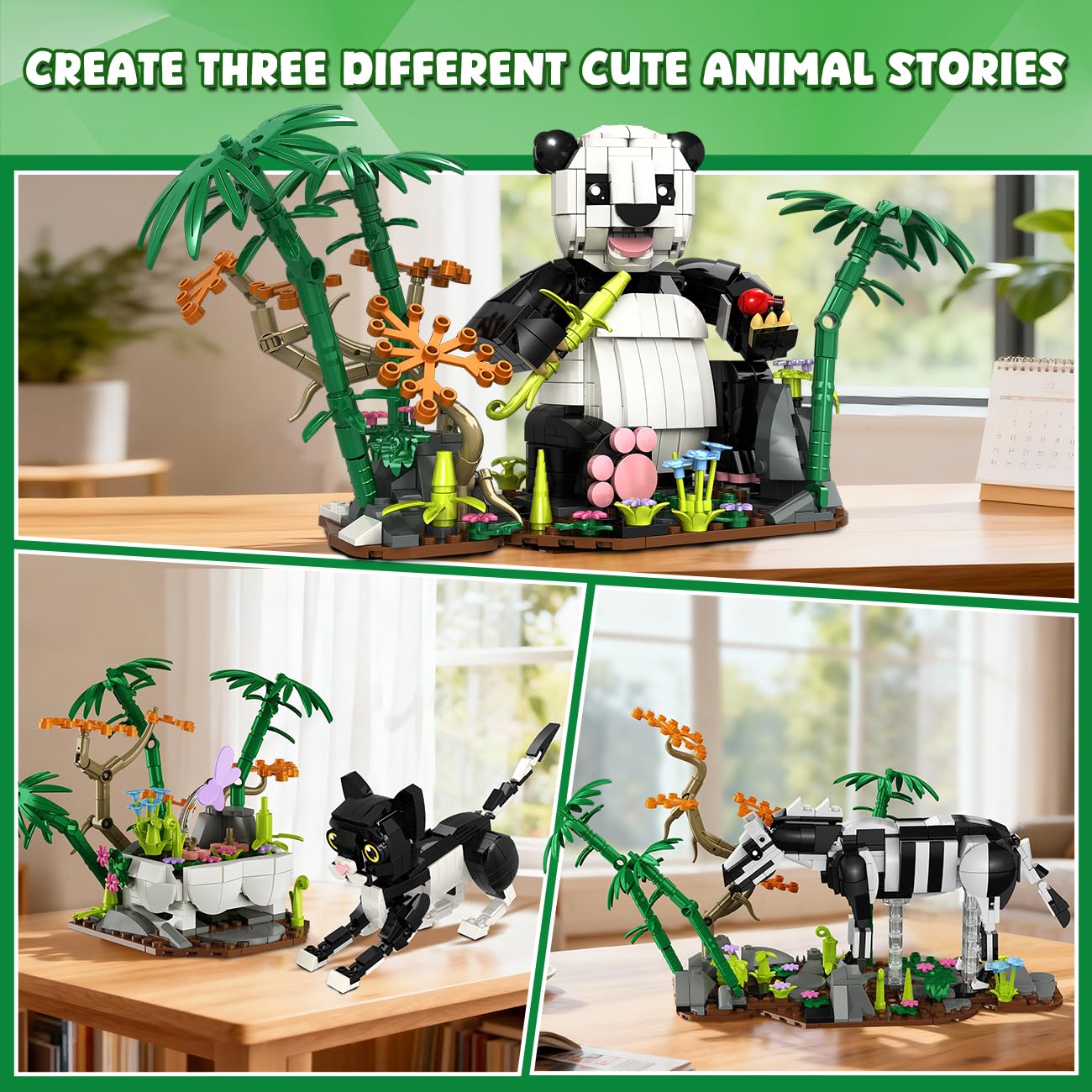 HiWEEGO 3-in-1 Wild Animals Panda Building Set – 724 PCS, Panda, Cat & Zebra | Kids 9–12+