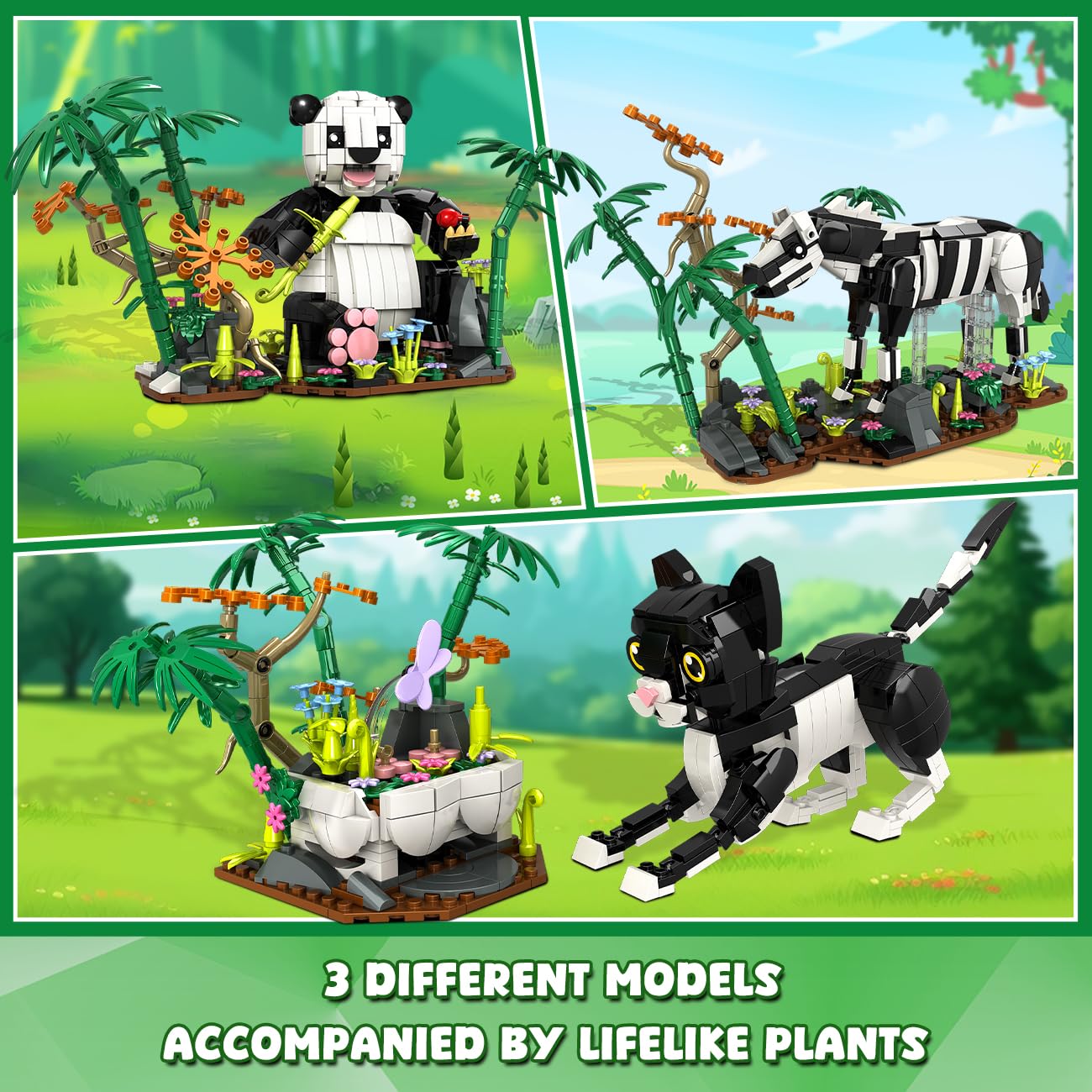HiWEEGO 3-in-1 Wild Animals Panda Building Set – 724 PCS, Panda, Cat & Zebra | Kids 9–12+