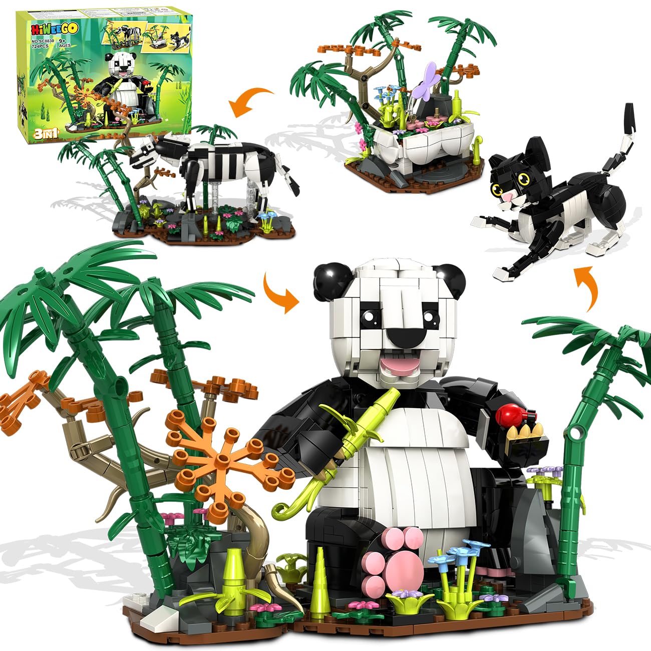 HiWEEGO 3-in-1 Wild Animals Panda Building Set – 724 PCS, Panda, Cat & Zebra | Kids 9–12+