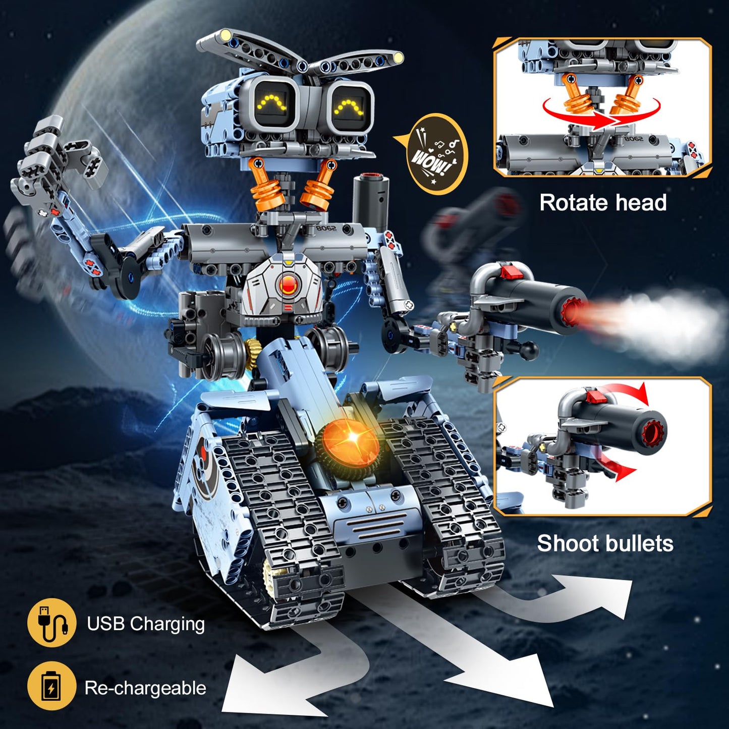 HiWEEGO Changeable LED Eyes Robot Building Set — 5-in-1 Remote & App-Controlled Toy for Kids 12+
