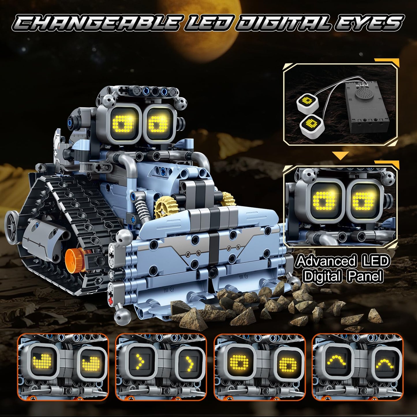 HiWEEGO Changeable LED Eyes Robot Building Set — 5-in-1 Remote & App-Controlled Toy for Kids 12+