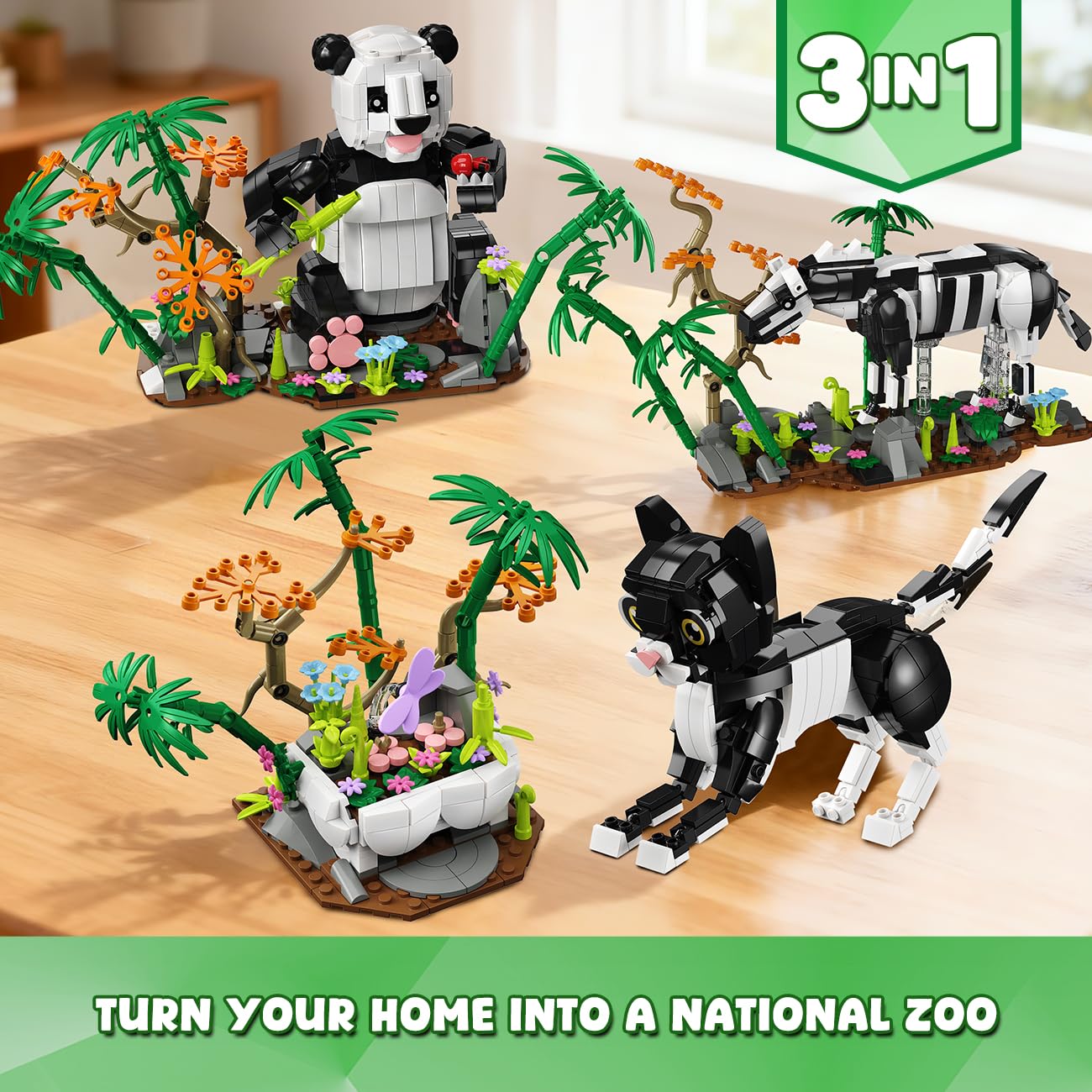 HiWEEGO 3-in-1 Wild Animals Panda Building Set – 724 PCS, Panda, Cat & Zebra | Kids 9–12+