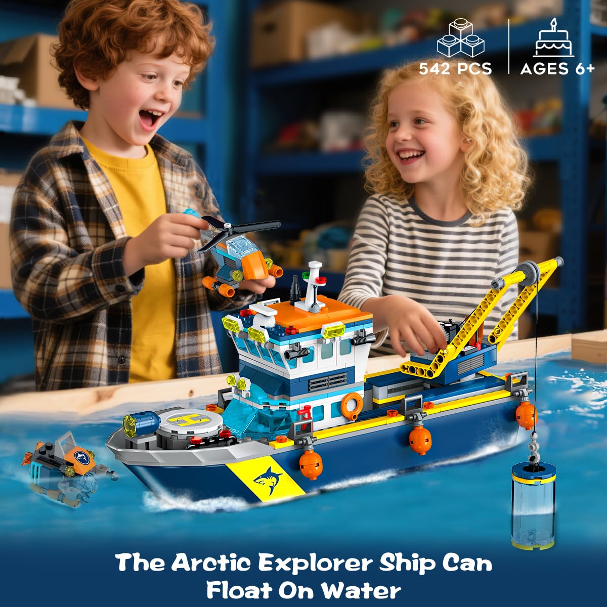 HiWEEGO City Floatable Boat with LED Light – Arctic Explorer Ship Building Kit (542 Pcs)
