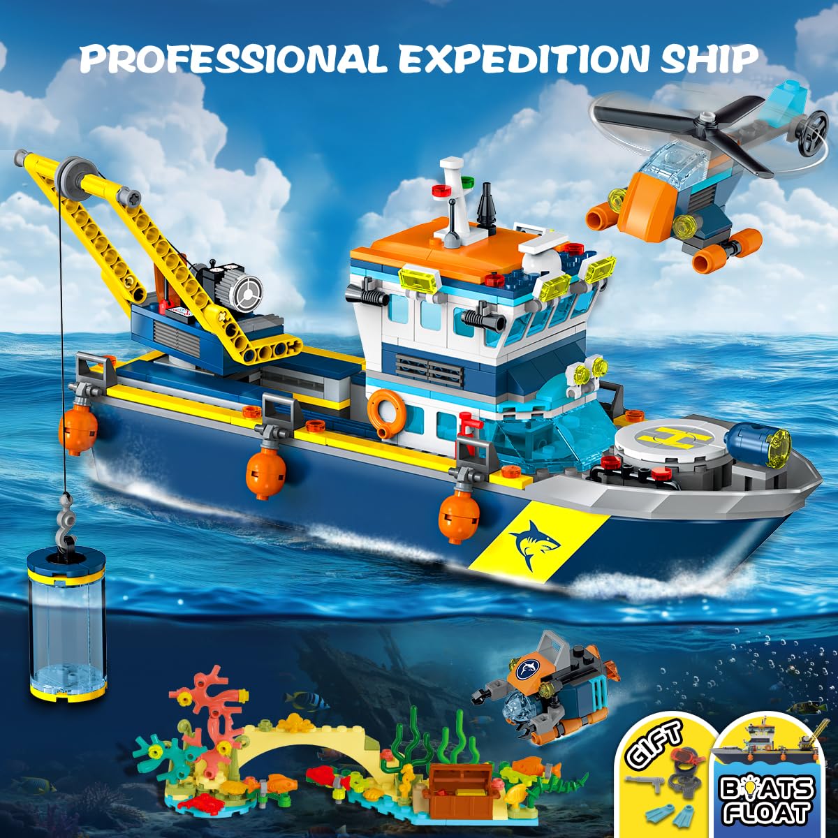 HiWEEGO City Floatable Boat with LED Light – Arctic Explorer Ship Building Kit (542 Pcs)