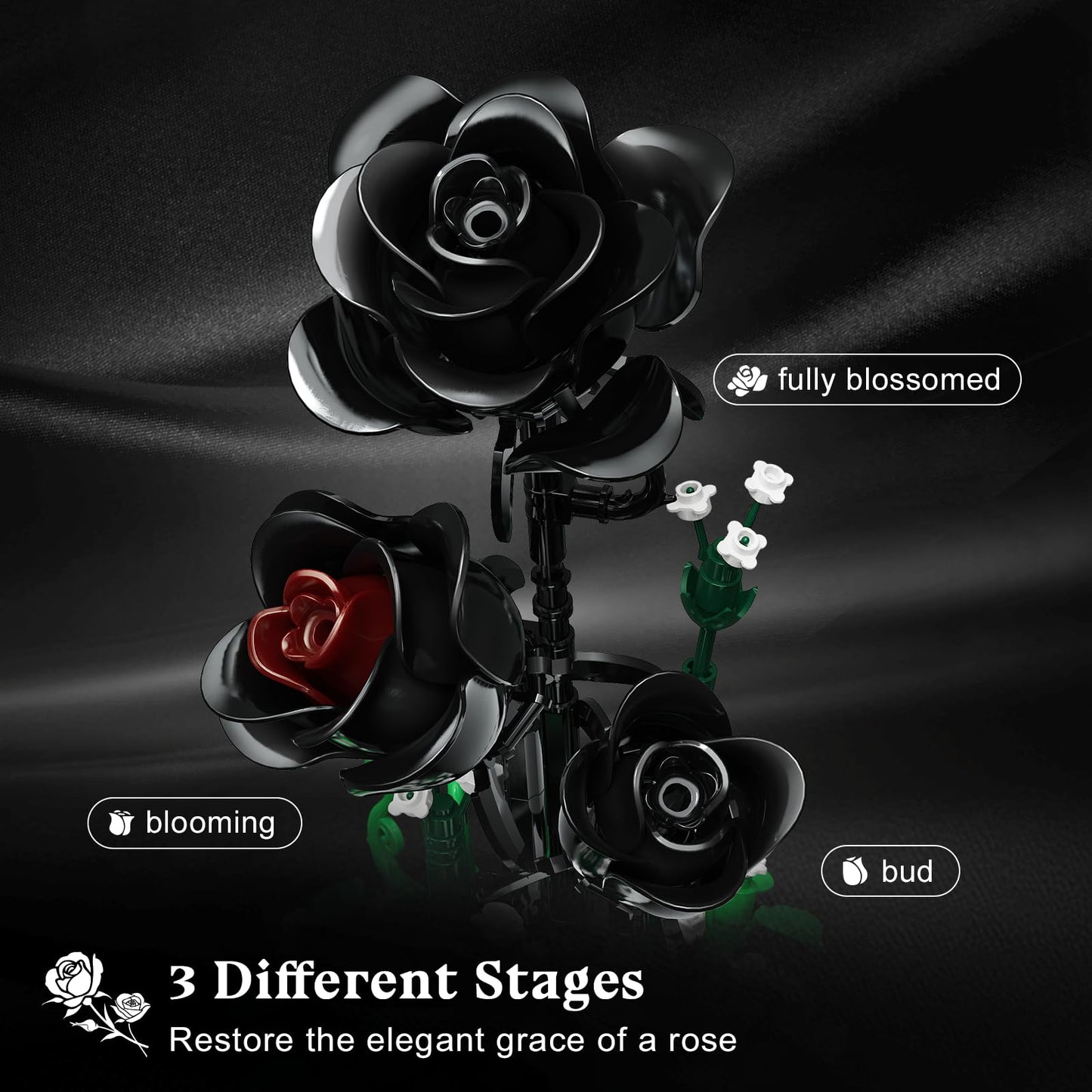 HiWEEGO Flower Building Set with LED Light — 232 PCS Black Rose Kit