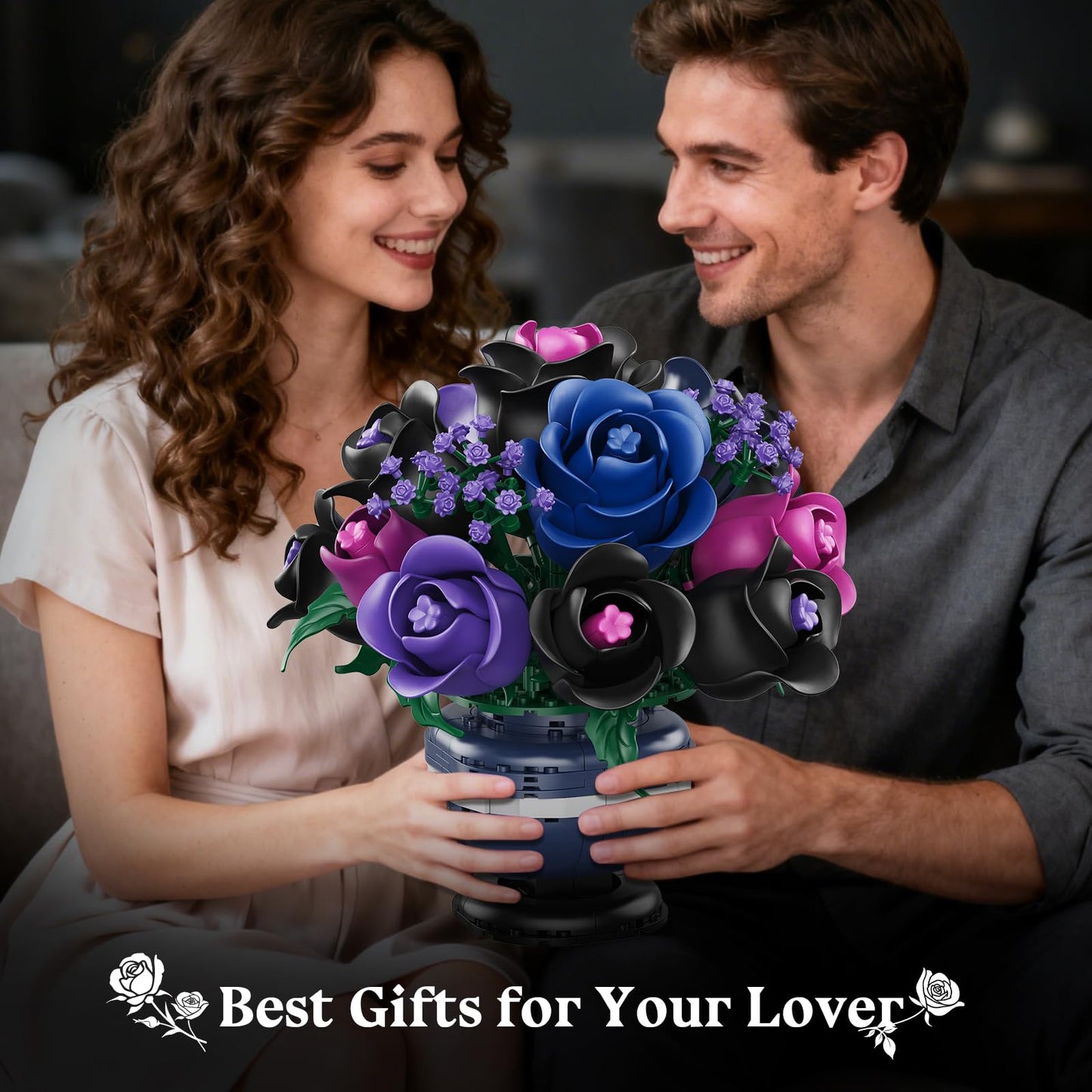 HiWEEGO Flowers Botanicals Building Set – Black Purple Rose Bonsai, 507 Pcs, Gothic Home Decor