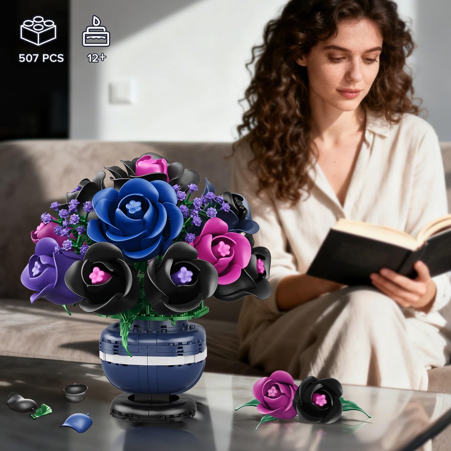 HiWEEGO Flowers Botanicals Building Set – Black Purple Rose Bonsai, 507 Pcs, Gothic Home Decor