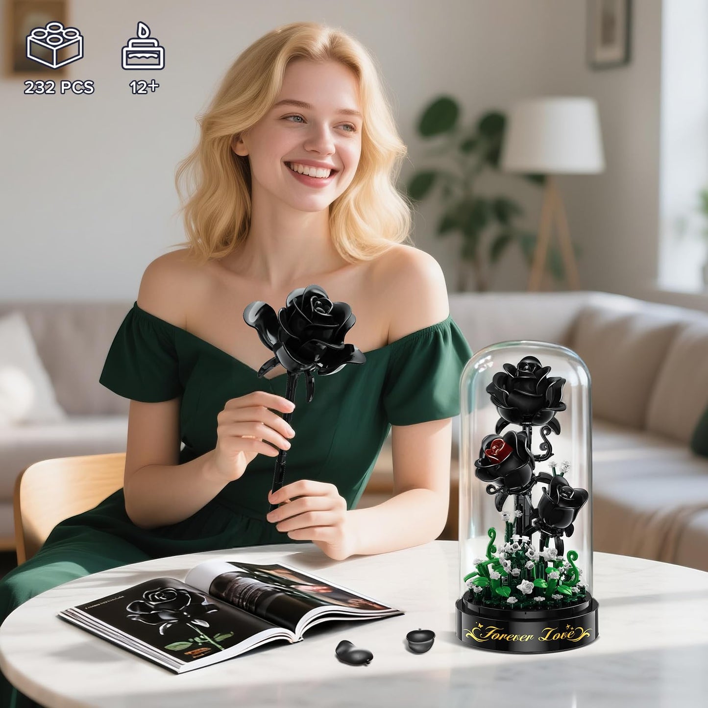 HiWEEGO Flower Building Set with LED Light — 232 PCS Black Rose Kit