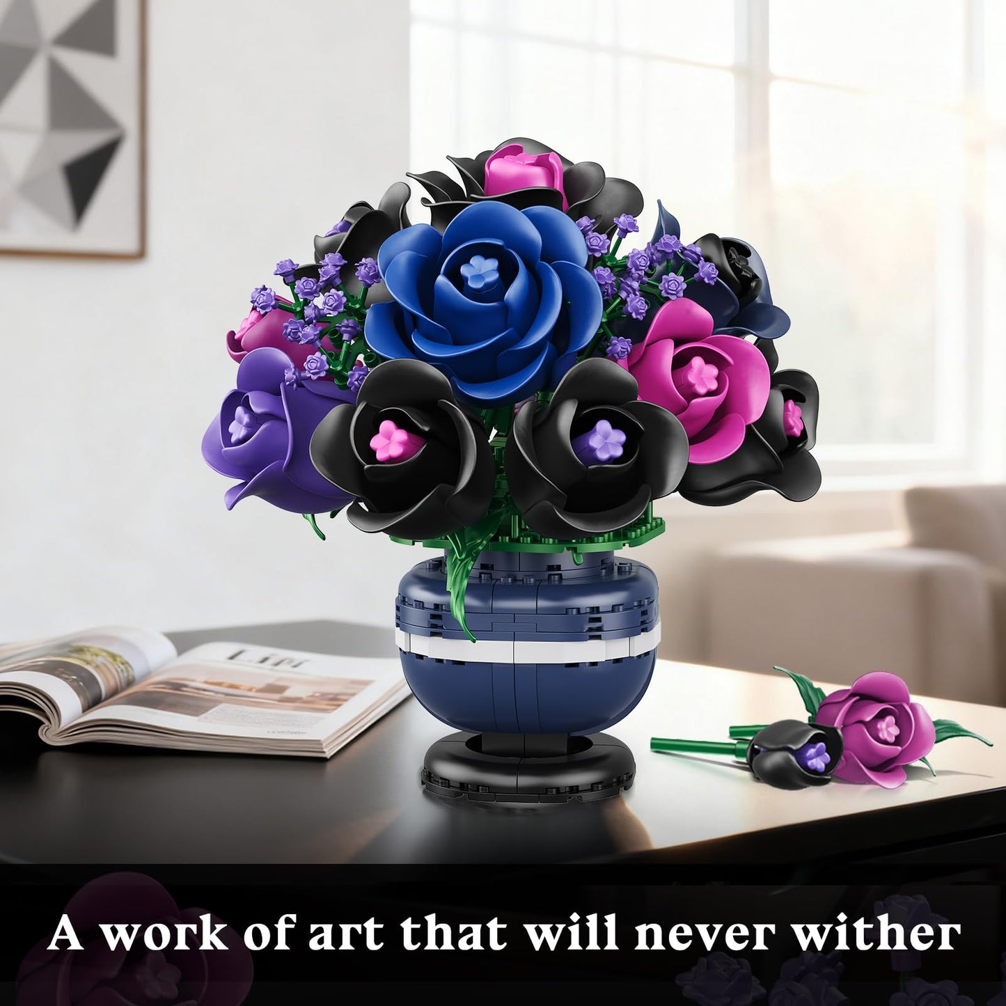 HiWEEGO Flowers Botanicals Building Set – Black Purple Rose Bonsai, 507 Pcs, Gothic Home Decor