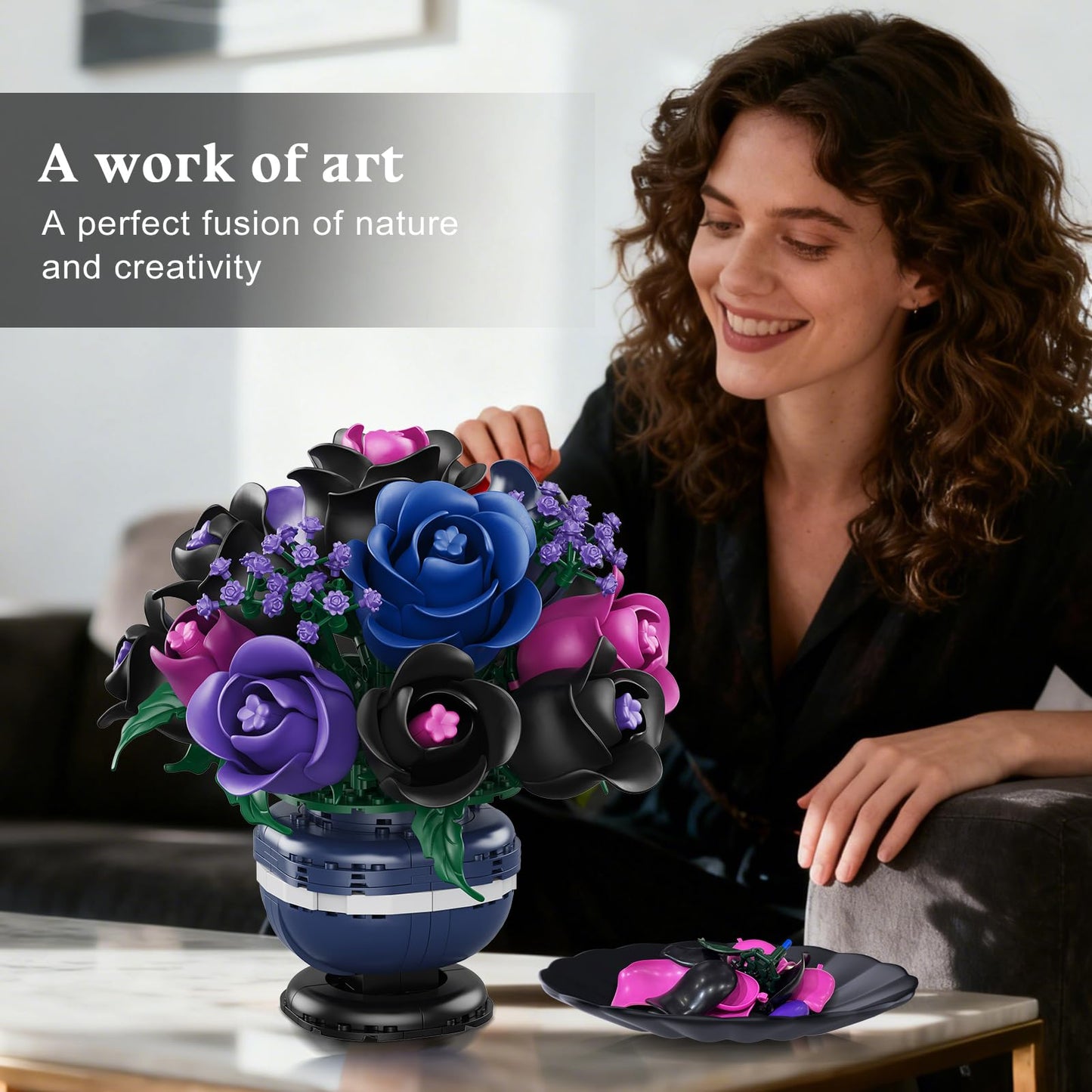 HiWEEGO Flowers Botanicals Building Set – Black Purple Rose Bonsai, 507 Pcs, Gothic Home Decor
