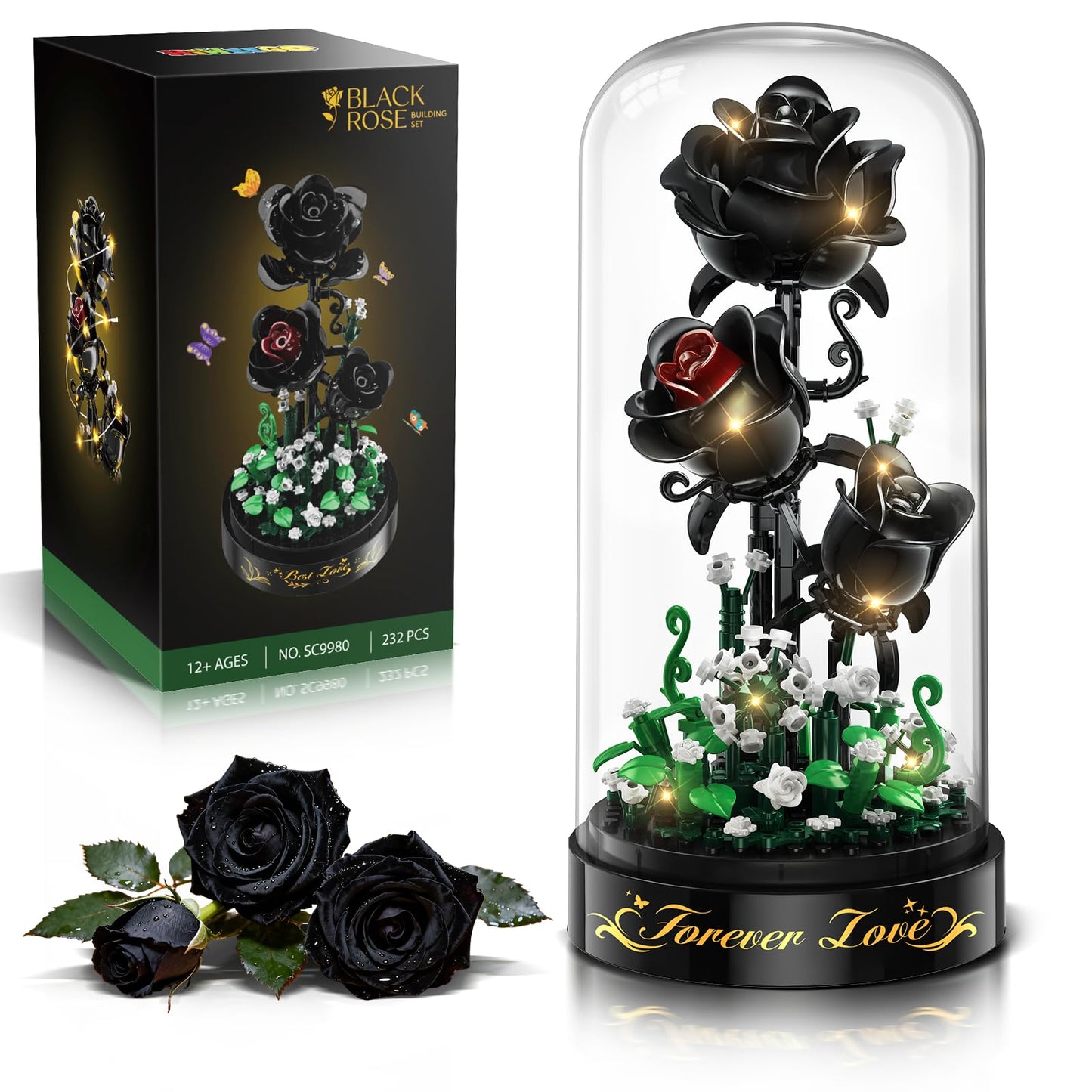 HiWEEGO Flower Building Set with LED Light — 232 PCS Black Rose Kit