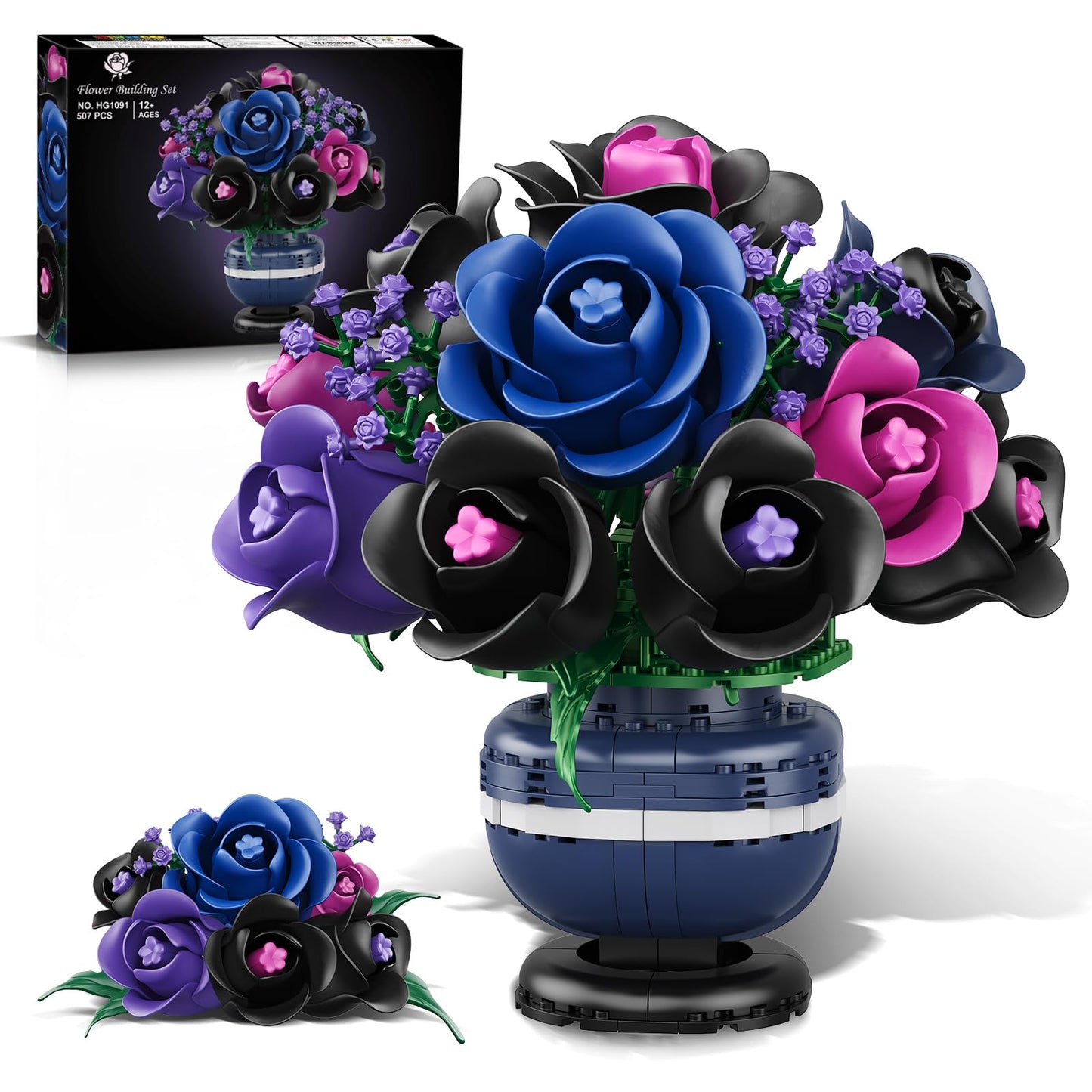 HiWEEGO Flowers Botanicals Building Set – Black Purple Rose Bonsai, 507 Pcs, Gothic Home Decor