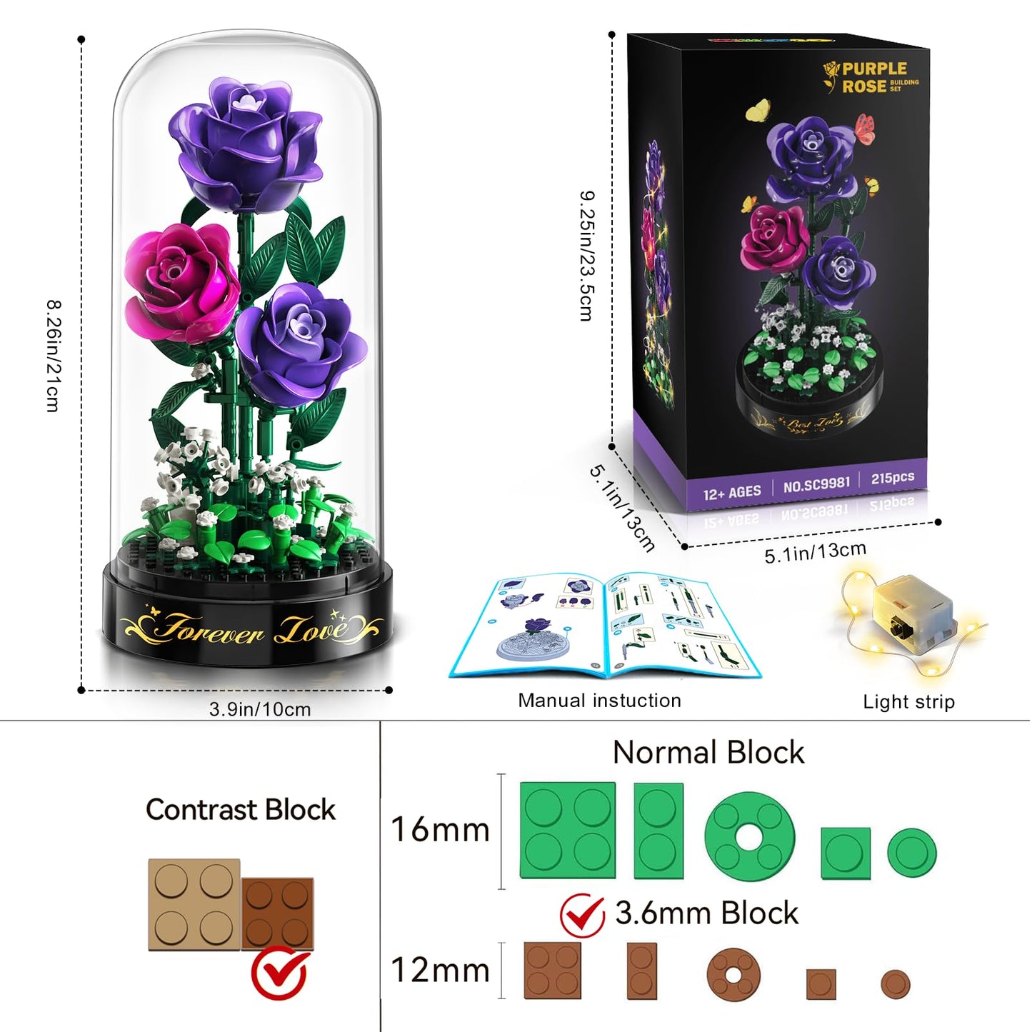 HiWEEGO Flowers Building Set with LED Light & Cover – 215-Piece Purple Rose Bouquet (3.6mm Minis) | Valentines Gift