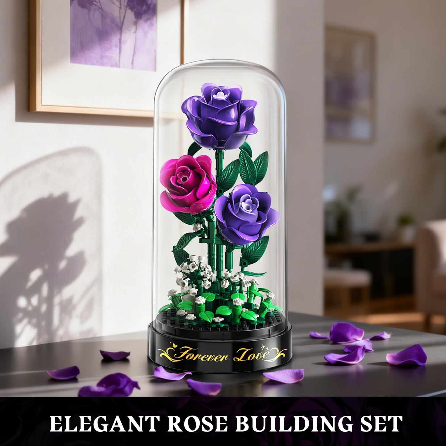 HiWEEGO Flowers Building Set with LED Light & Cover – 215-Piece Purple Rose Bouquet (3.6mm Minis) | Valentines Gift
