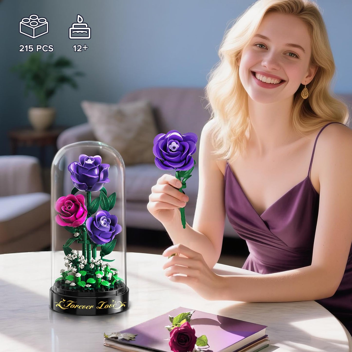 HiWEEGO Flowers Building Set with LED Light & Cover – 215-Piece Purple Rose Bouquet (3.6mm Minis) | Valentines Gift
