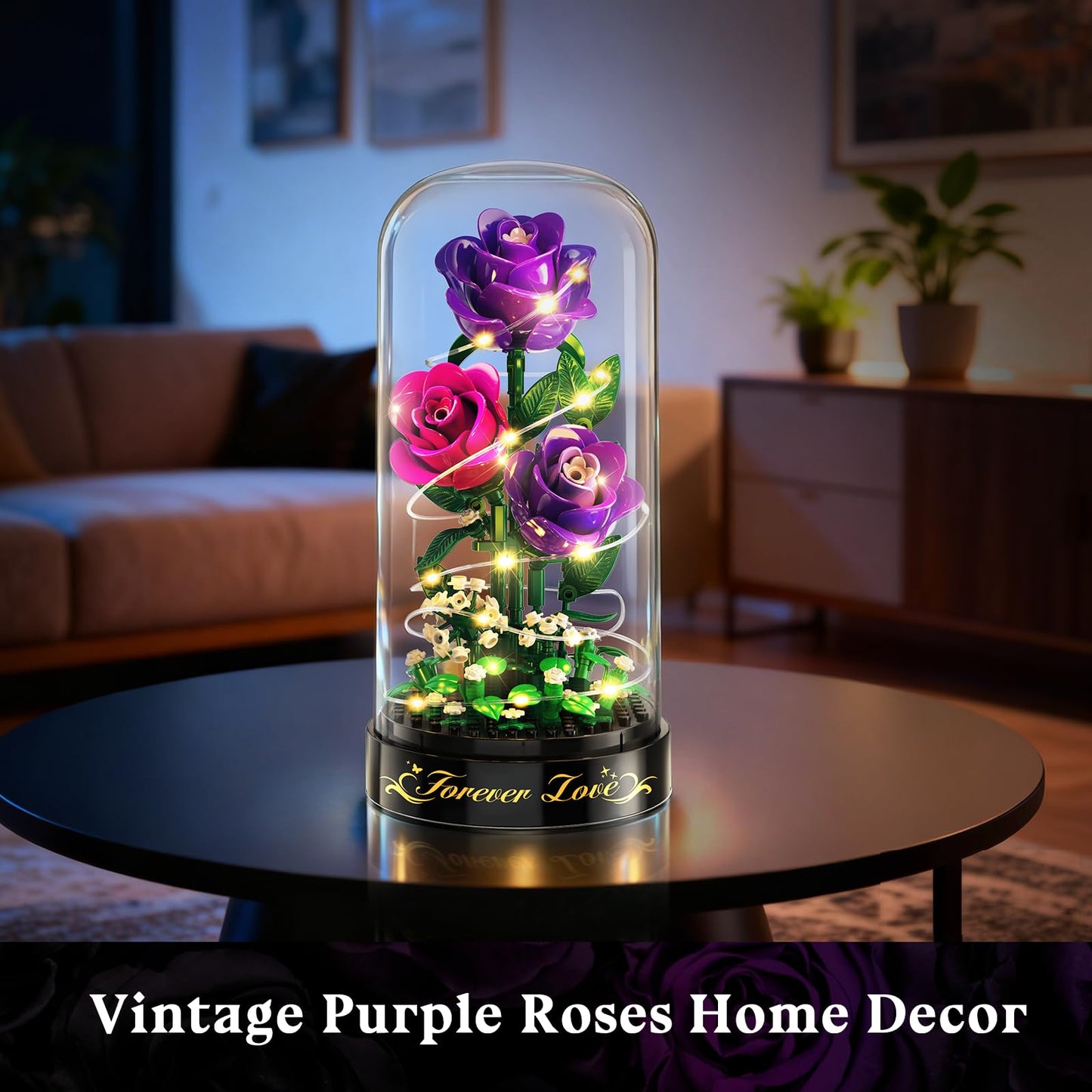 HiWEEGO Flowers Building Set with LED Light & Cover – 215-Piece Purple Rose Bouquet (3.6mm Minis) | Valentines Gift