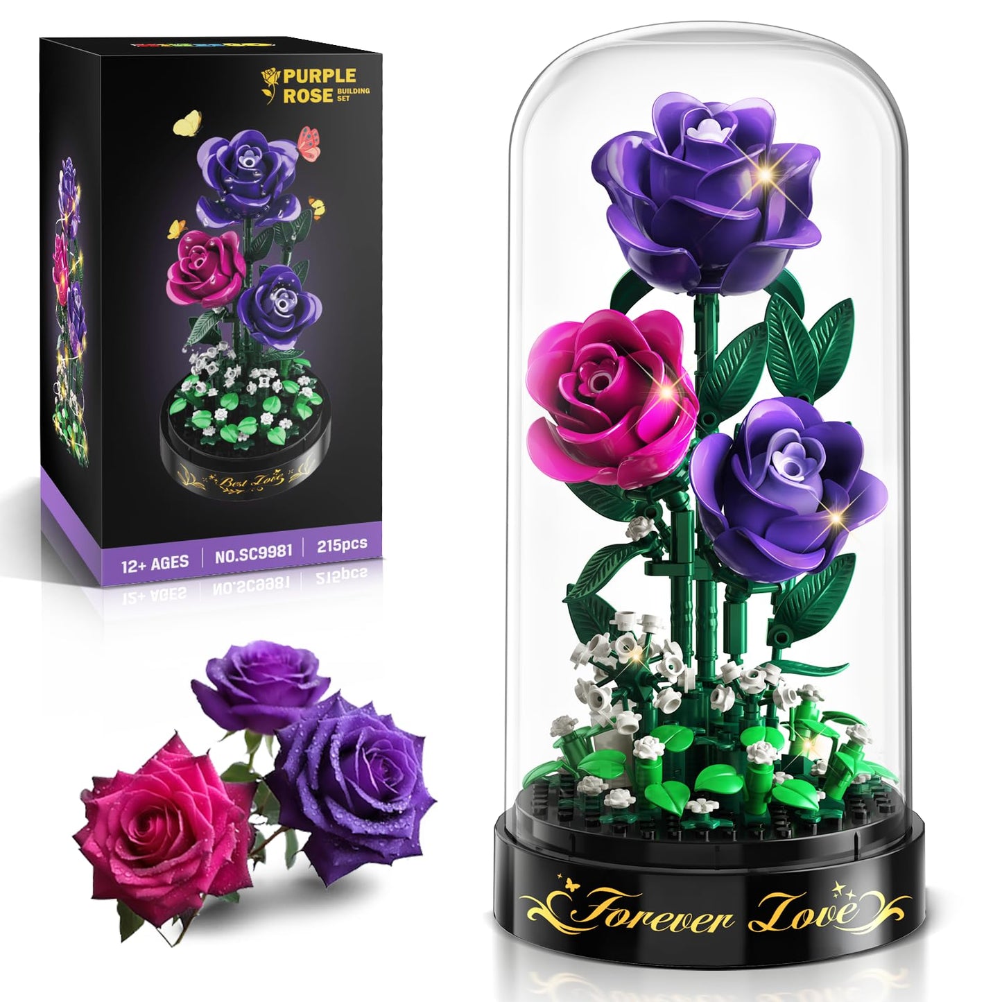 HiWEEGO Flowers Building Set with LED Light & Cover – 215-Piece Purple Rose Bouquet (3.6mm Minis) | Valentines Gift