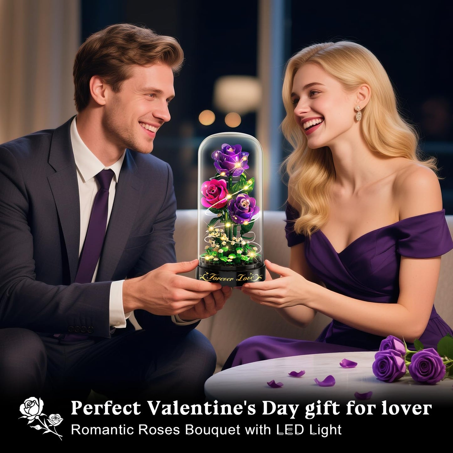 HiWEEGO Flowers Building Set with LED Light & Cover – 215-Piece Purple Rose Bouquet (3.6mm Minis) | Valentines Gift