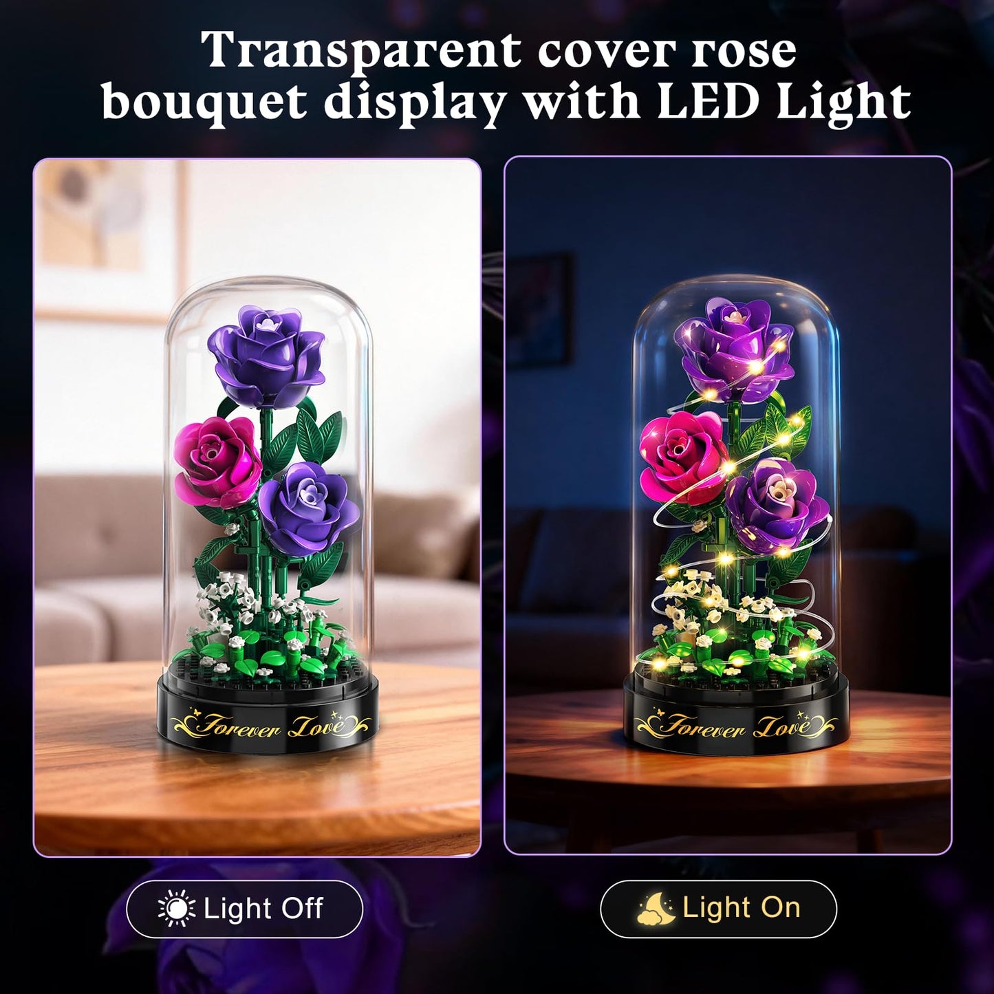 HiWEEGO Flowers Building Set with LED Light & Cover – 215-Piece Purple Rose Bouquet (3.6mm Minis) | Valentines Gift