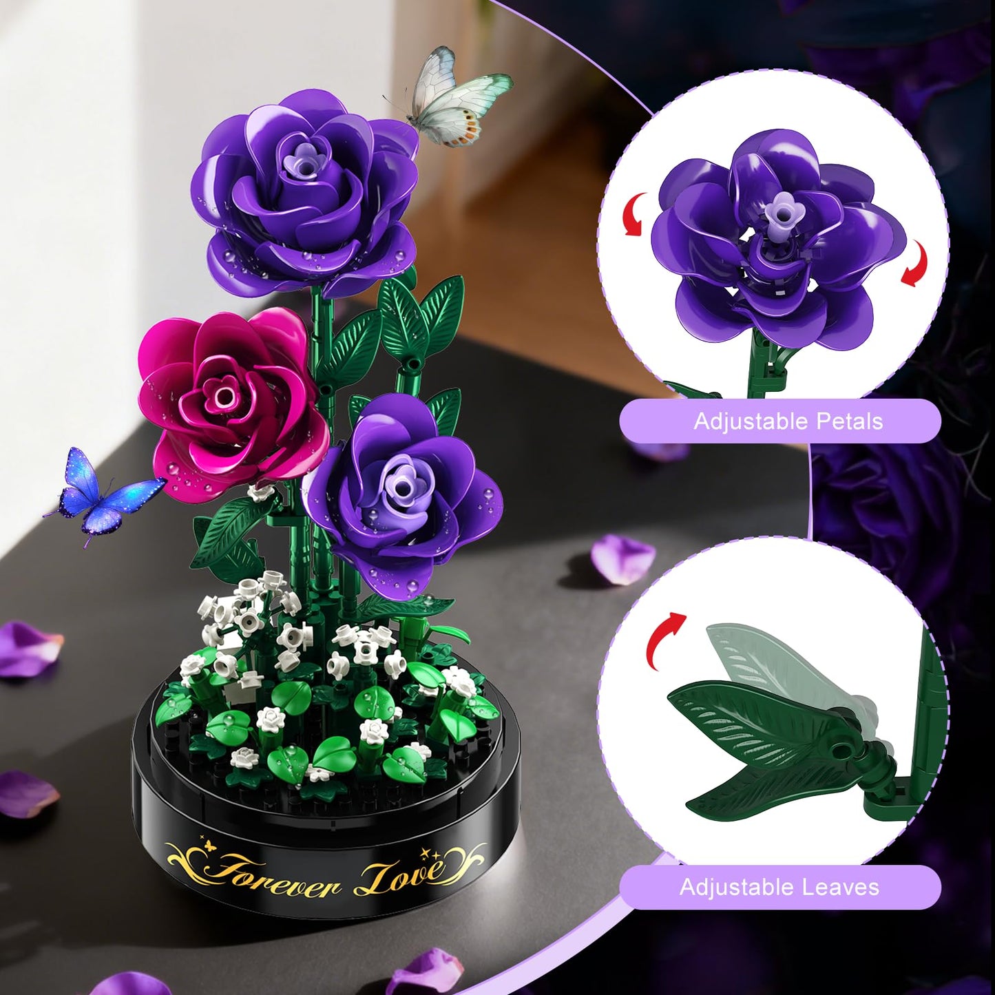 HiWEEGO Flowers Building Set with LED Light & Cover – 215-Piece Purple Rose Bouquet (3.6mm Minis) | Valentines Gift