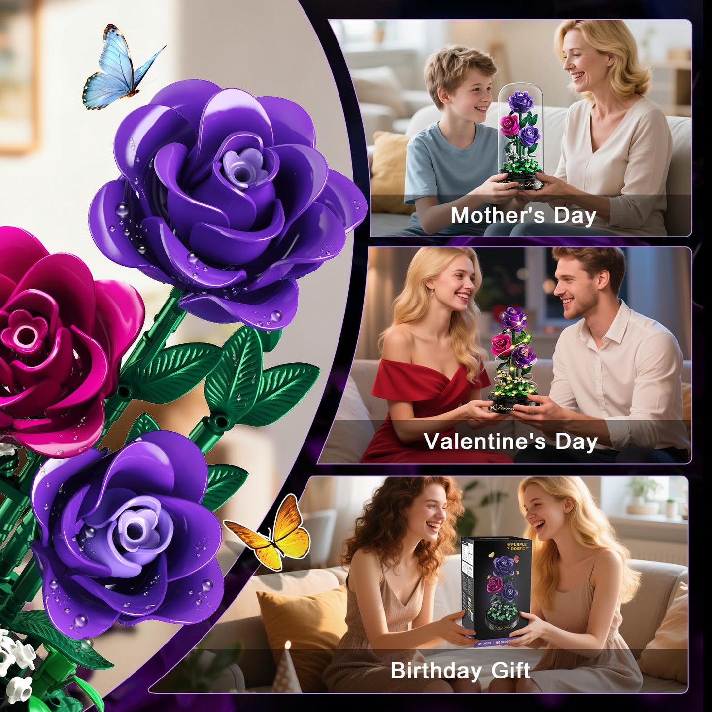 HiWEEGO Flowers Building Set with LED Light & Cover – 215-Piece Purple Rose Bouquet (3.6mm Minis) | Valentines Gift