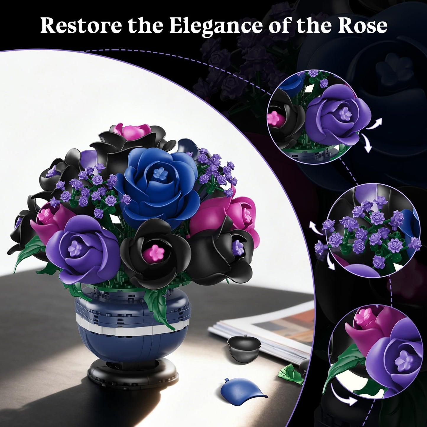 HiWEEGO Flowers Botanicals Building Set – Black Purple Rose Bonsai, 507 Pcs, Gothic Home Decor