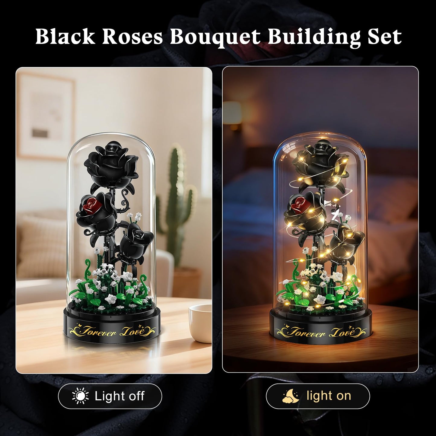 HiWEEGO Flower Building Set with LED Light — 232 PCS Black Rose Kit
