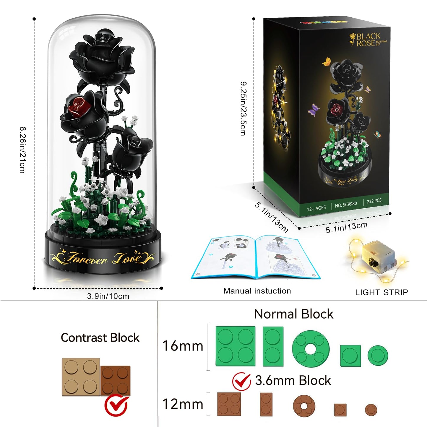 HiWEEGO Flower Building Set with LED Light — 232 PCS Black Rose Kit