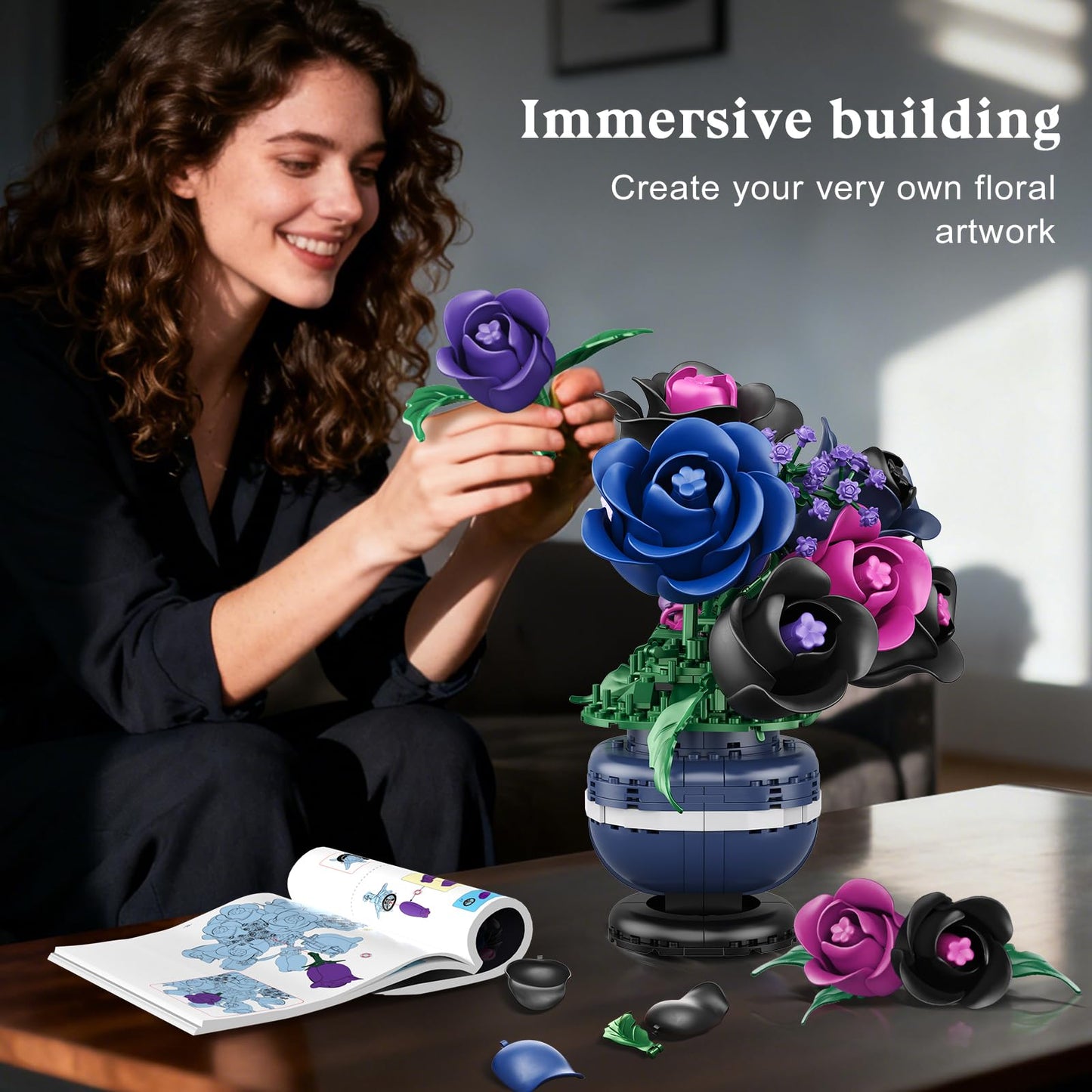 HiWEEGO Flowers Botanicals Building Set – Black Purple Rose Bonsai, 507 Pcs, Gothic Home Decor